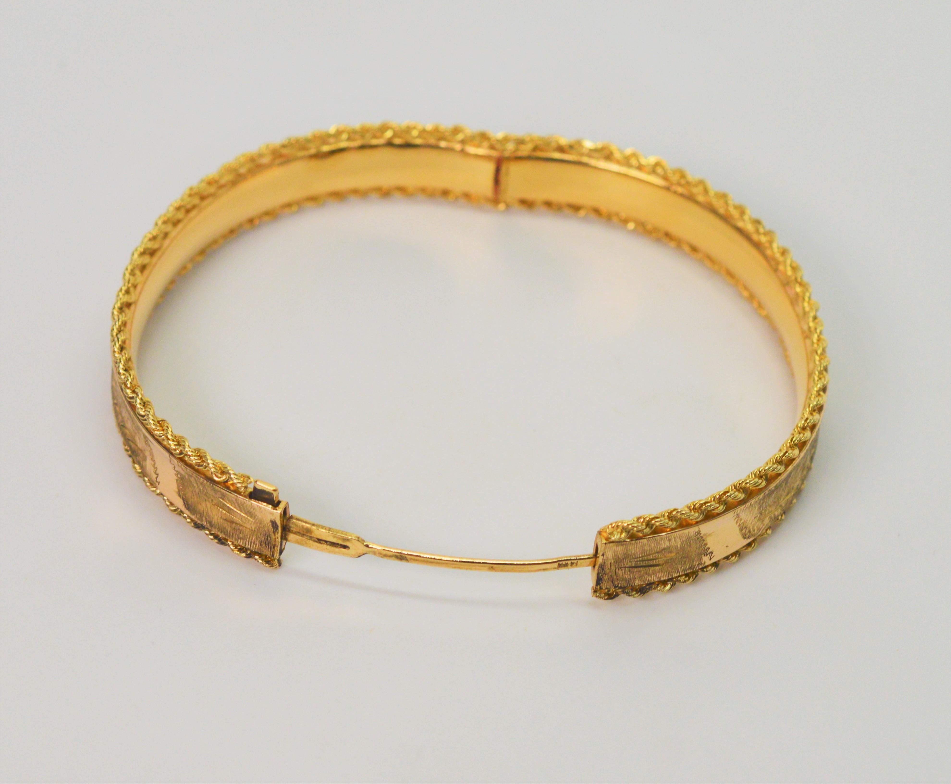 Engraved Yellow Gold Rope Bangle Bracelet 6