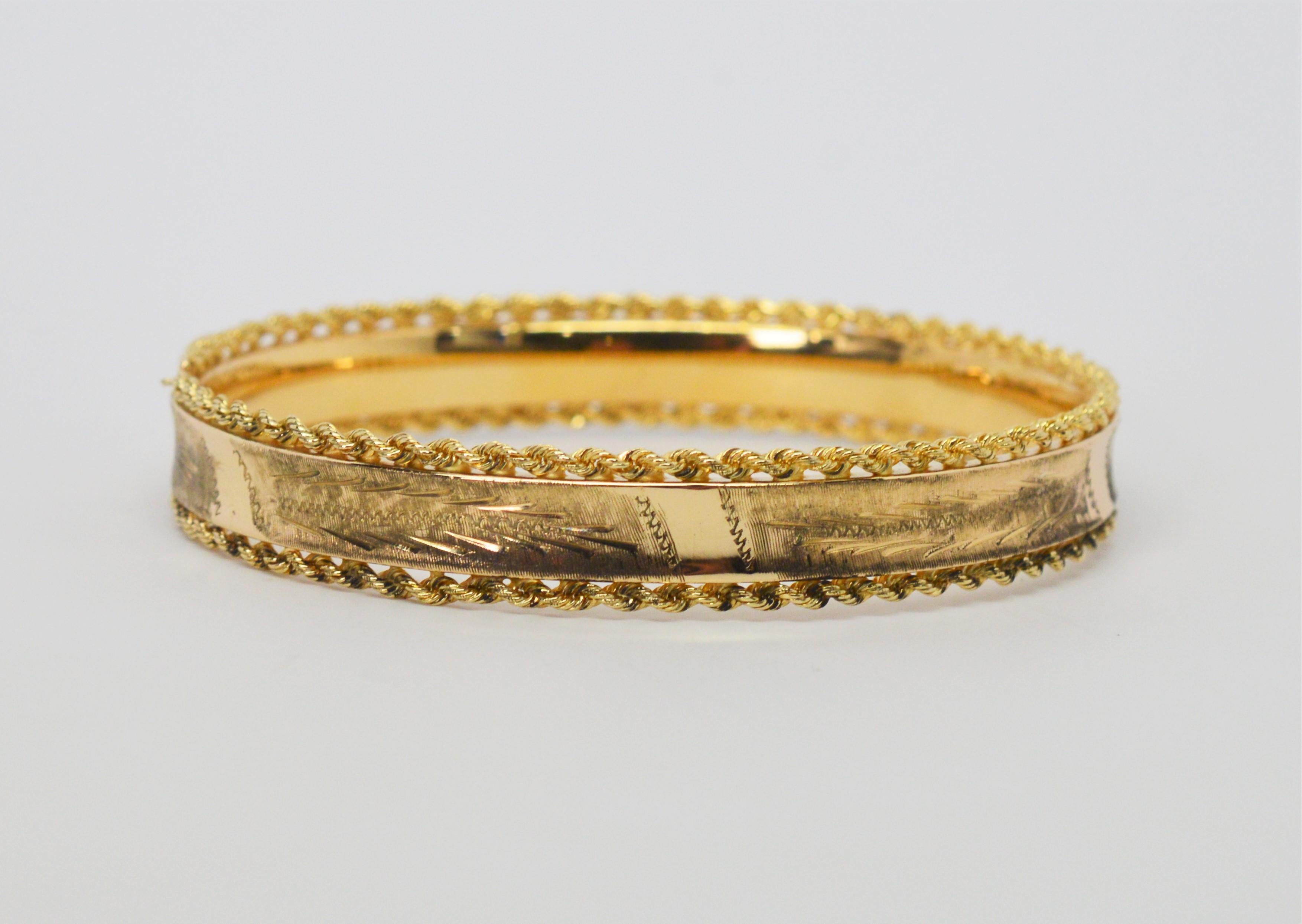 Engraved Yellow Gold Rope Bangle Bracelet 7