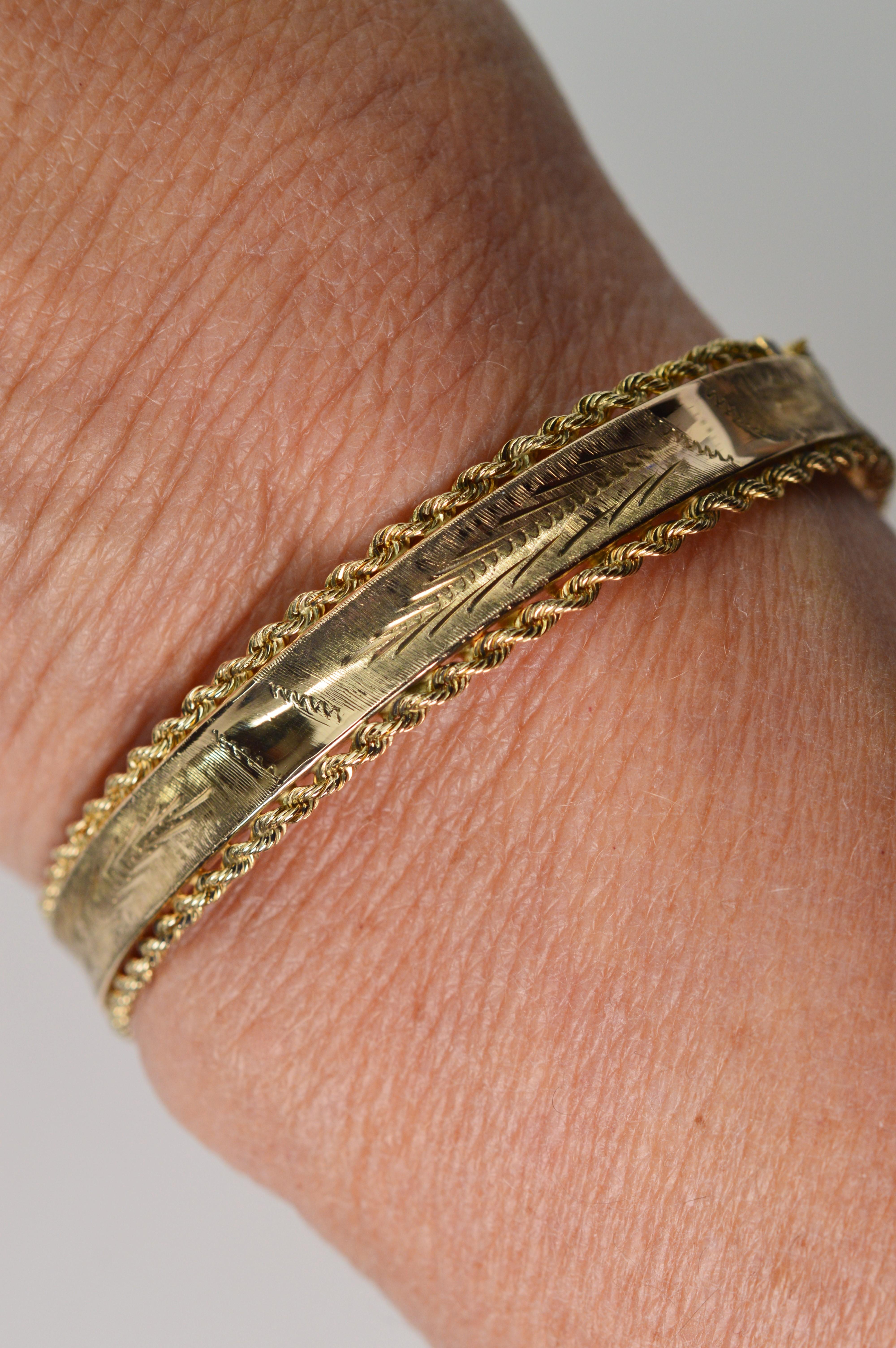 Engraved Yellow Gold Rope Bangle Bracelet 8