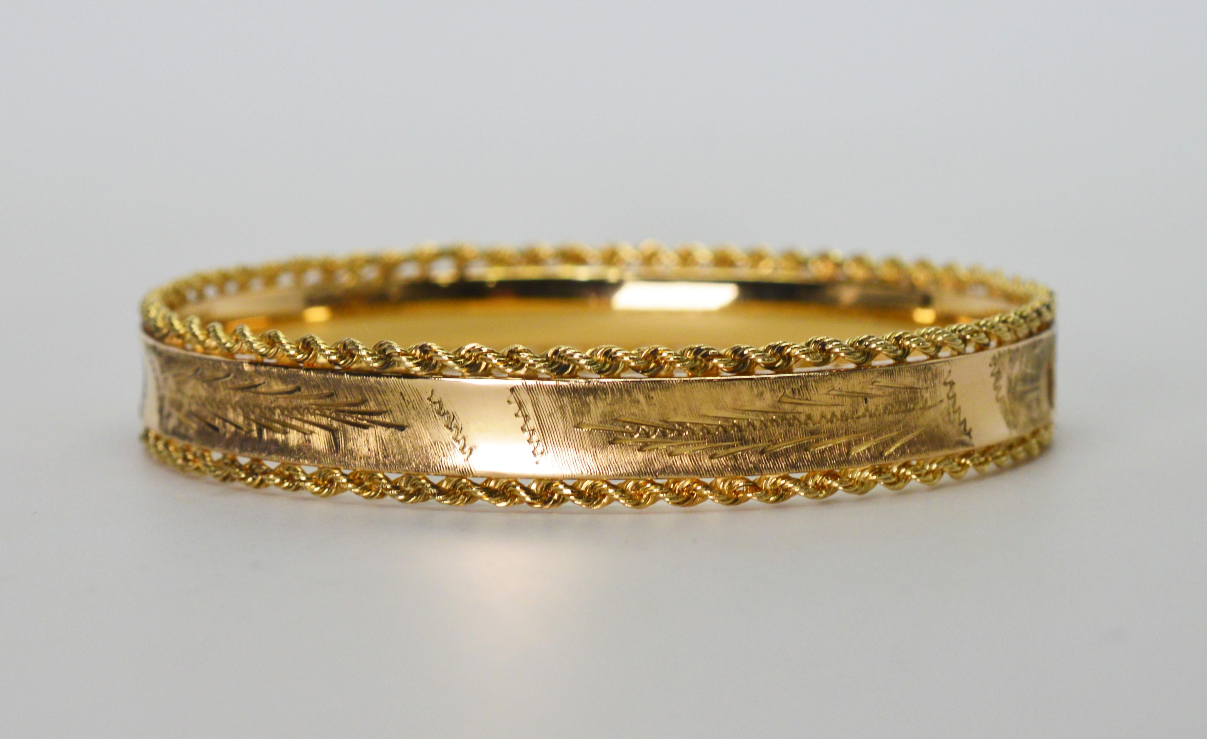 Engraved Yellow Gold Rope Bangle Bracelet 9