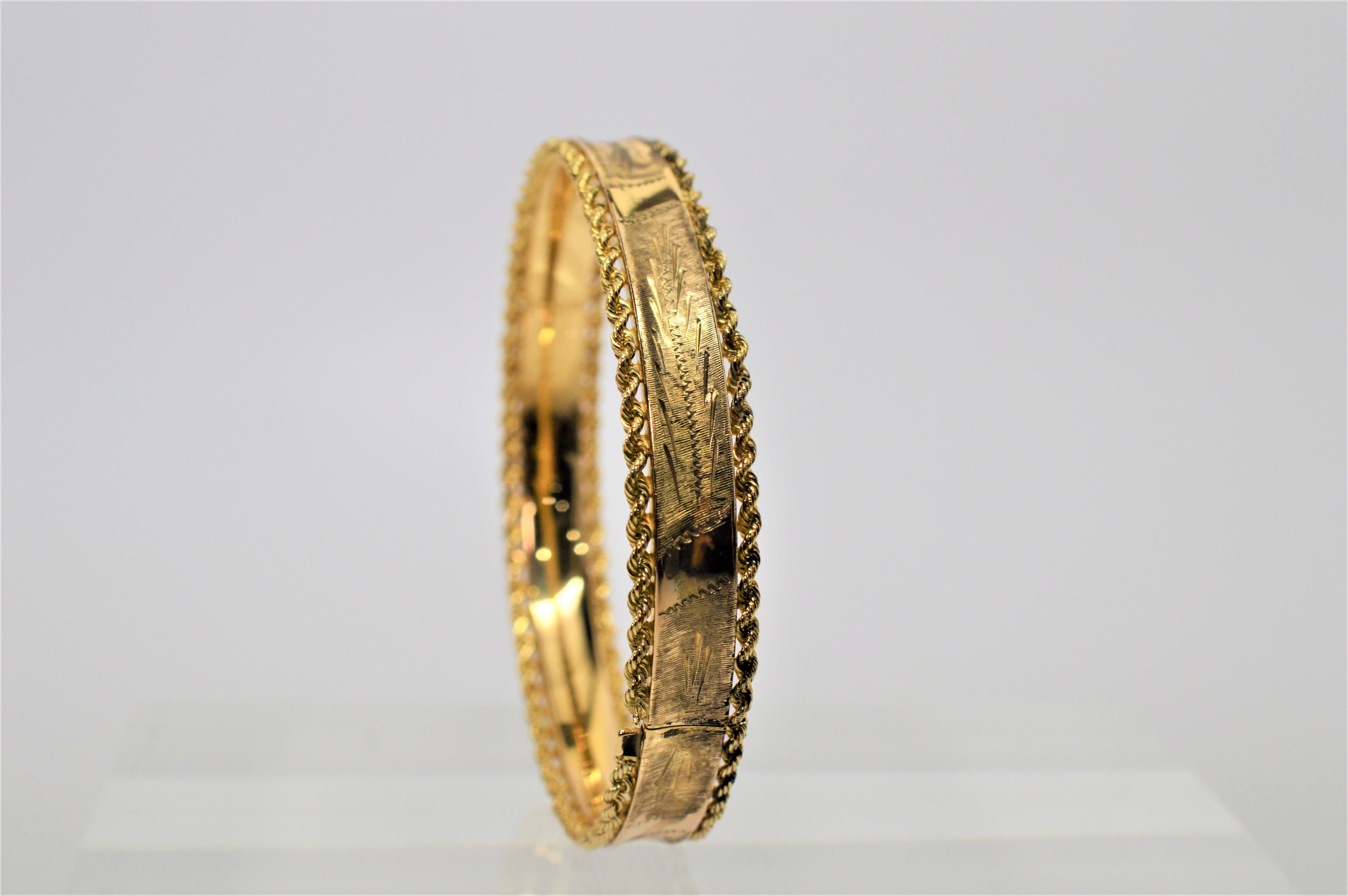 Engraved Yellow Gold Rope Bangle Bracelet In Good Condition In Mount Kisco, NY