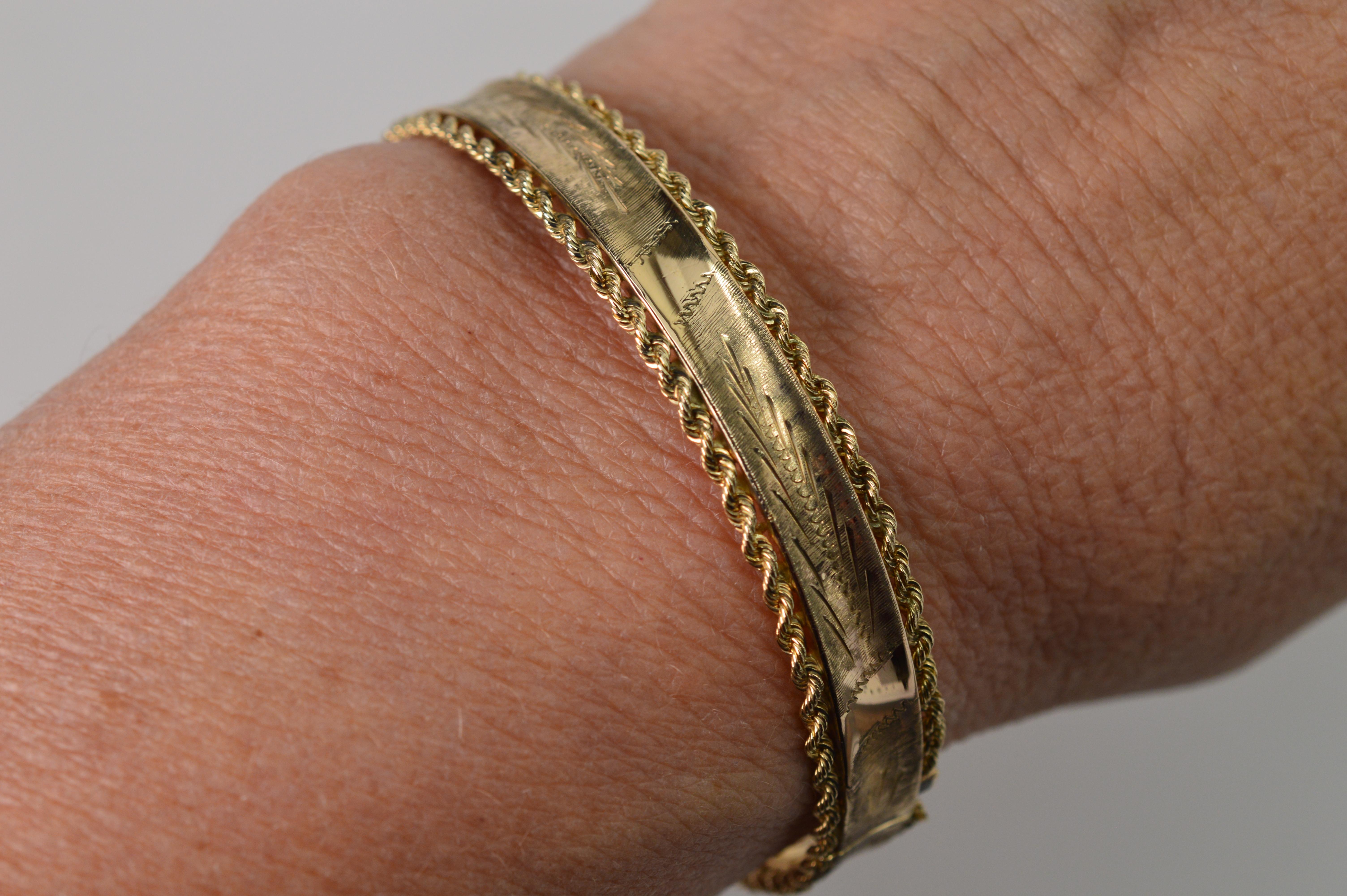 Women's Engraved Yellow Gold Rope Bangle Bracelet