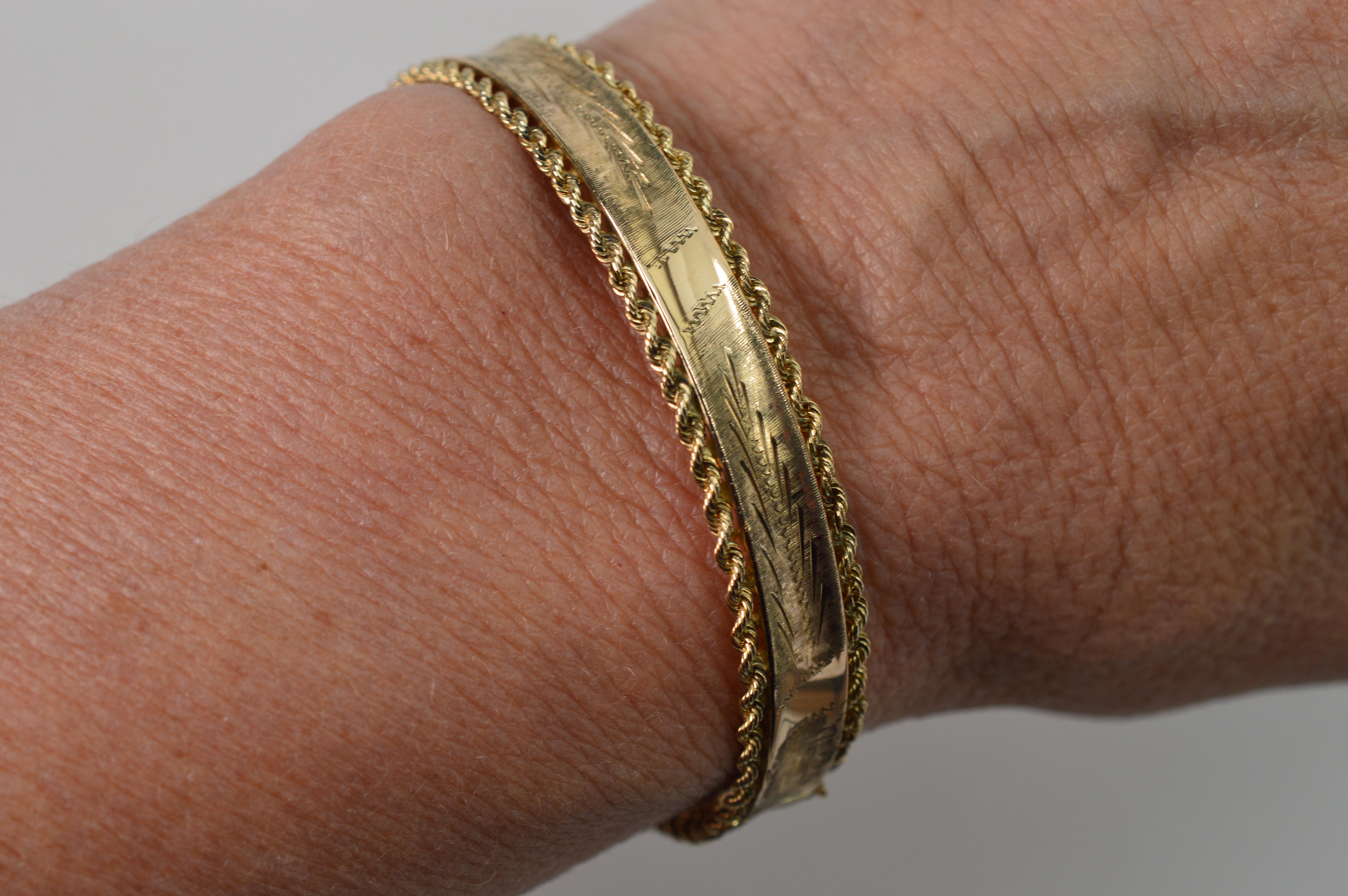 Engraved Yellow Gold Rope Bangle Bracelet 3