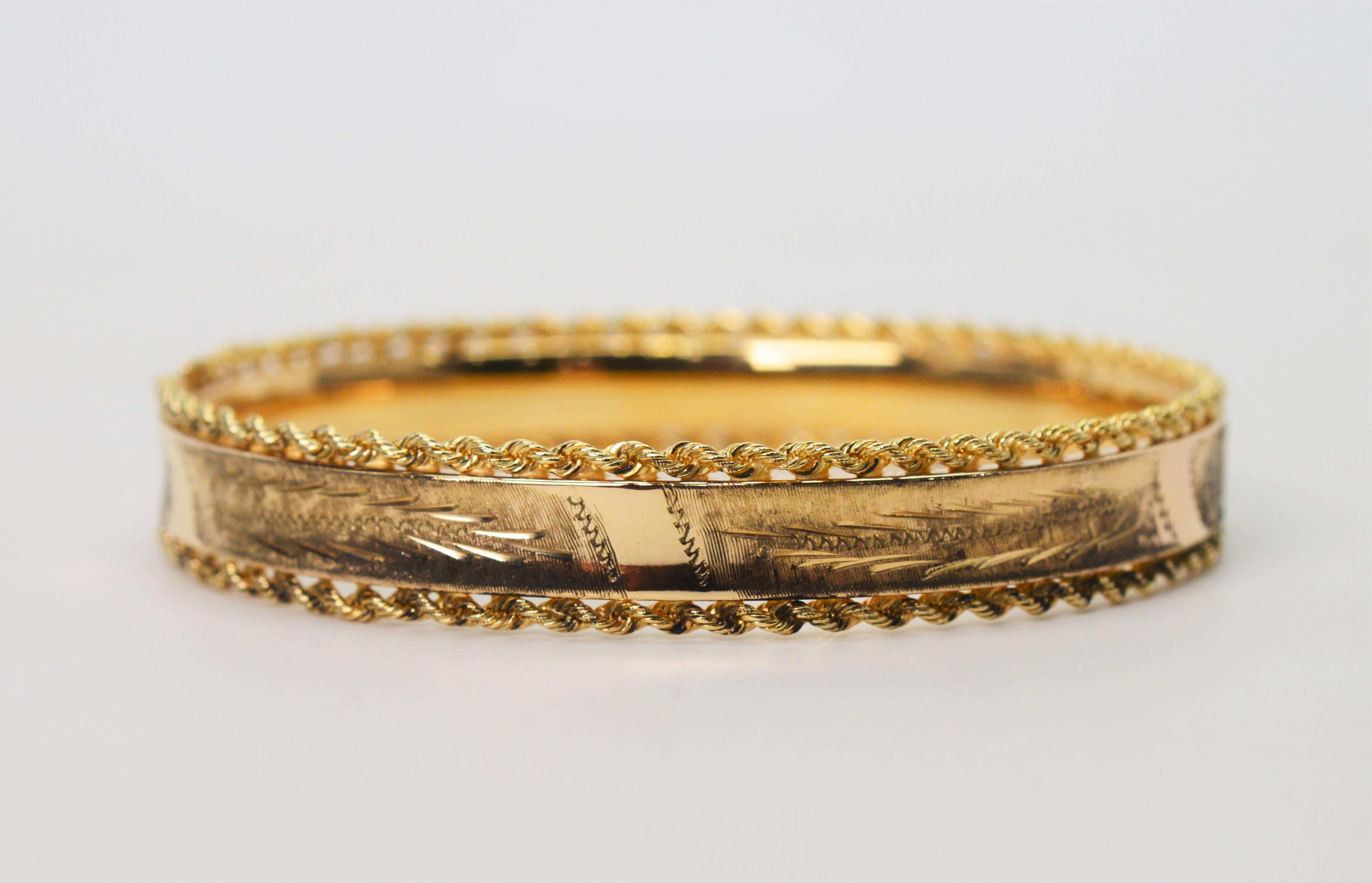 Engraved Yellow Gold Rope Bangle Bracelet 5