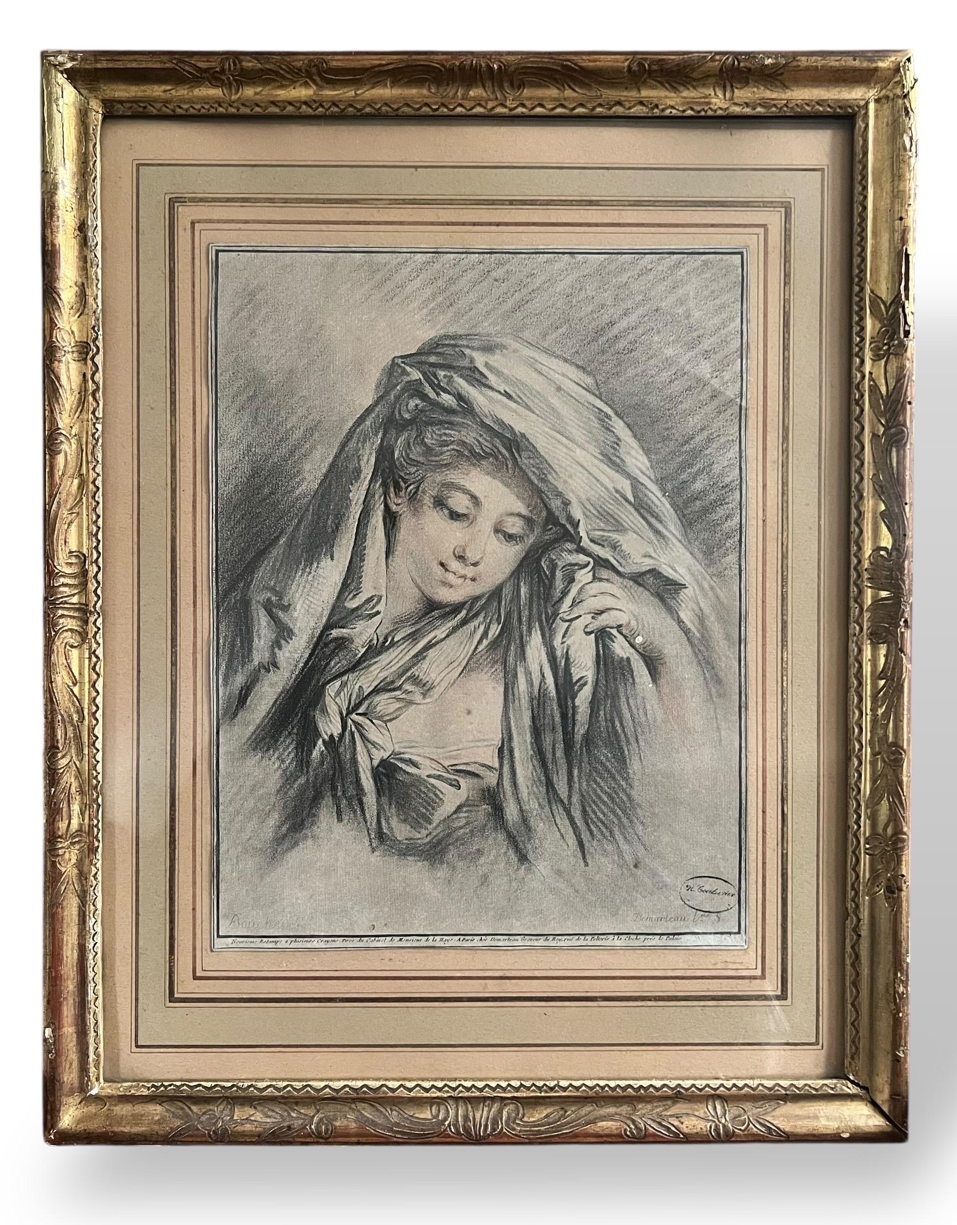 Prachtvoller antiker Stich von Jean-Charles François Demarteau (1730-1808), dem berühmten Graveur du Roi (Graveur des Königs), nach einer Zeichnung von François Boucher, einem der größten Meister des französischen Rokoko.
Dieses zarte Werk mit dem