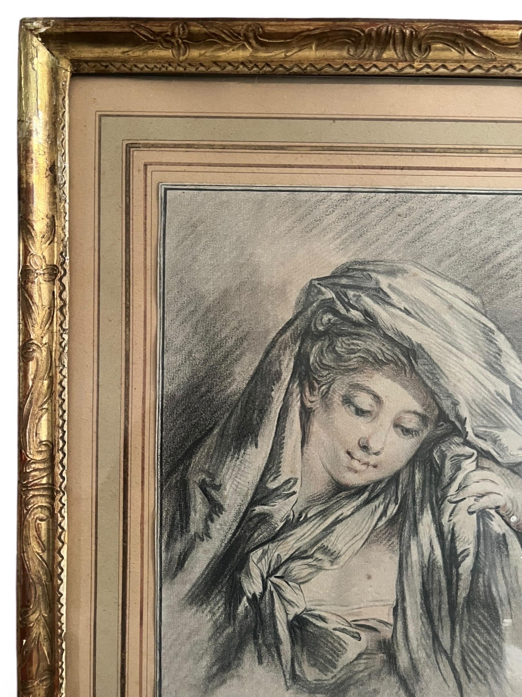 Kupferstich nach François Boucher - Junge Frau mit bedecktem Kopf- 18. Jahrhundert (Rokoko) im Angebot