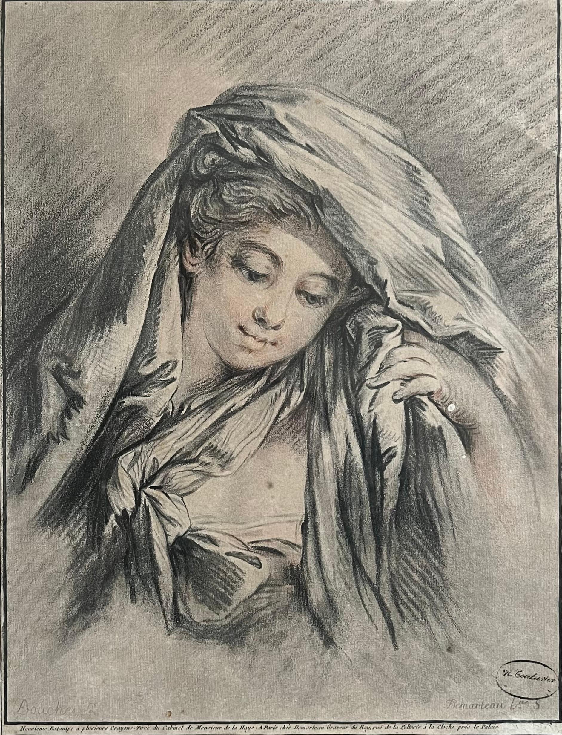Kupferstich nach François Boucher - Junge Frau mit bedecktem Kopf- 18. Jahrhundert im Zustand „Gut“ im Angebot in Beuzevillette, FR