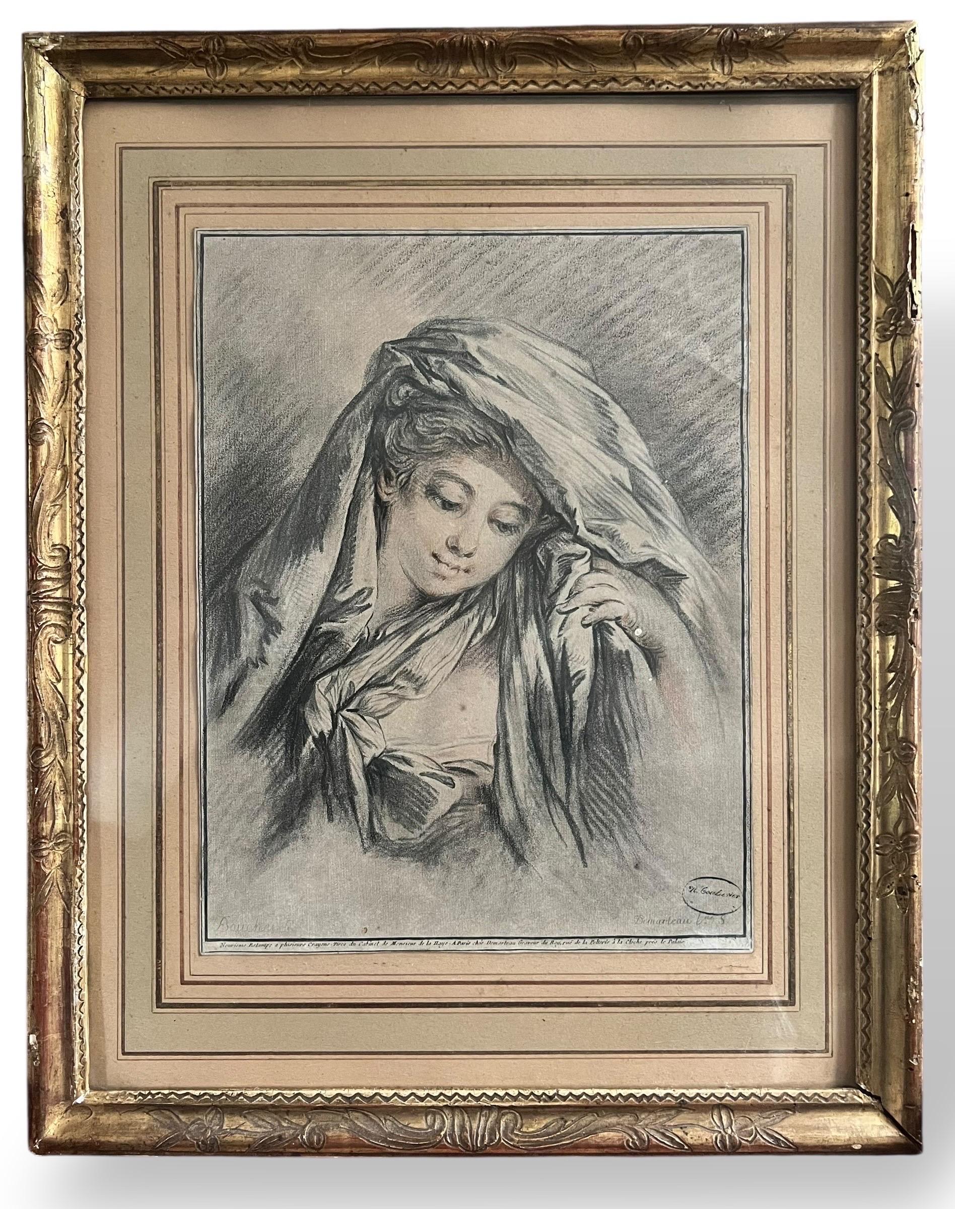 Kupferstich nach François Boucher - Junge Frau mit bedecktem Kopf- 18. Jahrhundert (Papier) im Angebot