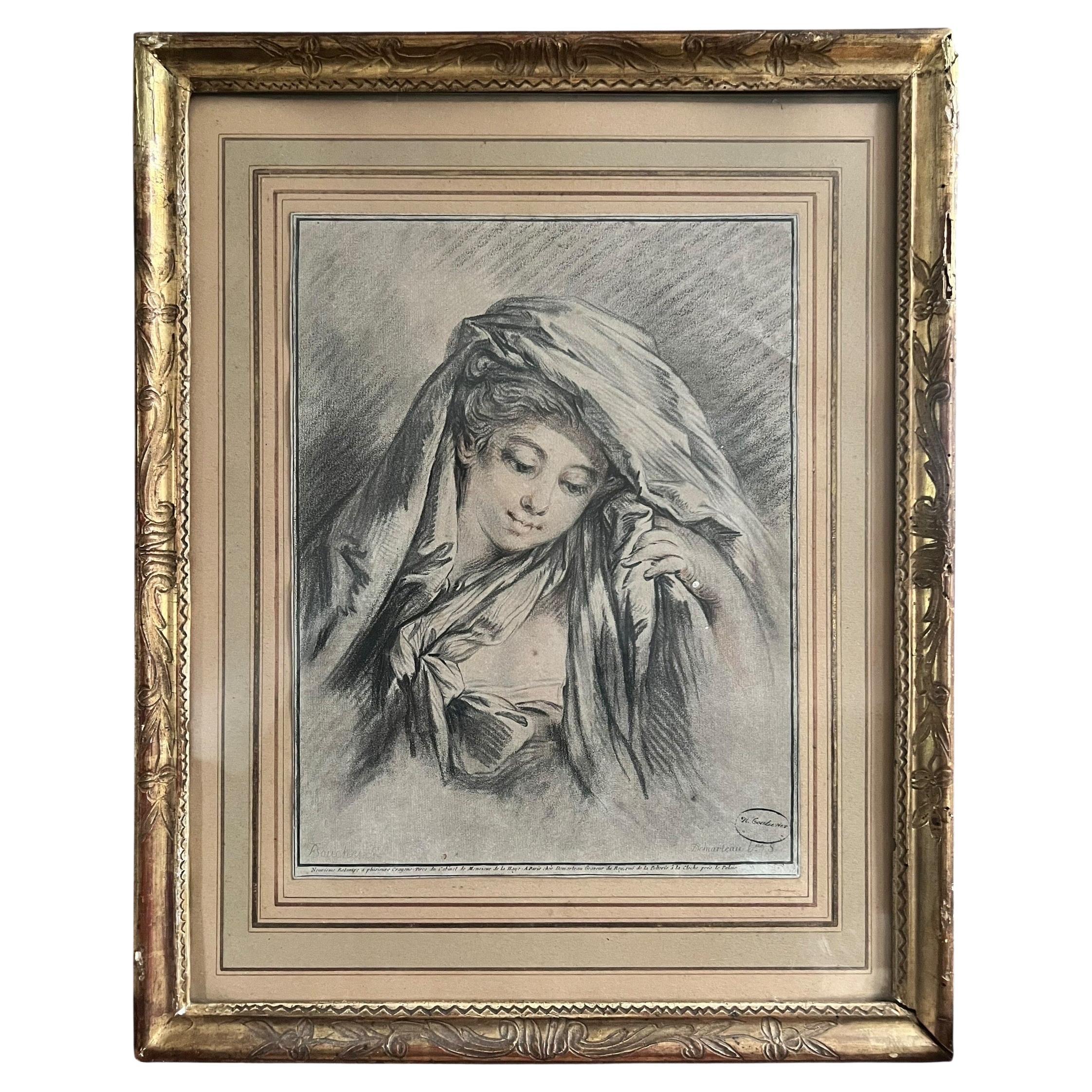 Engraving after François Boucher – Young Woman with a Covered Head- 18th century