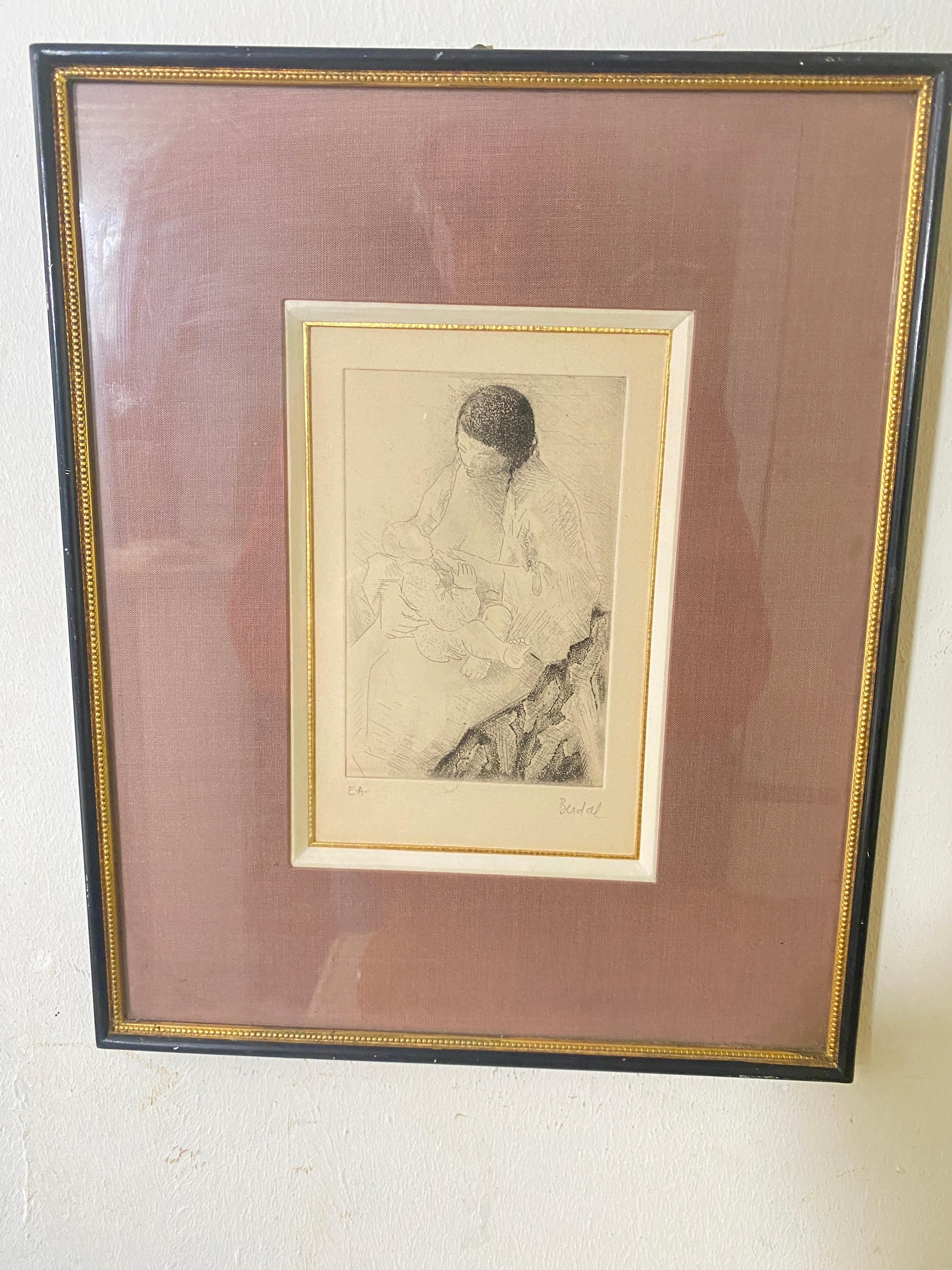 French Engraving by  Alex Berdal signed France 20th Century a Women with a child For Sale