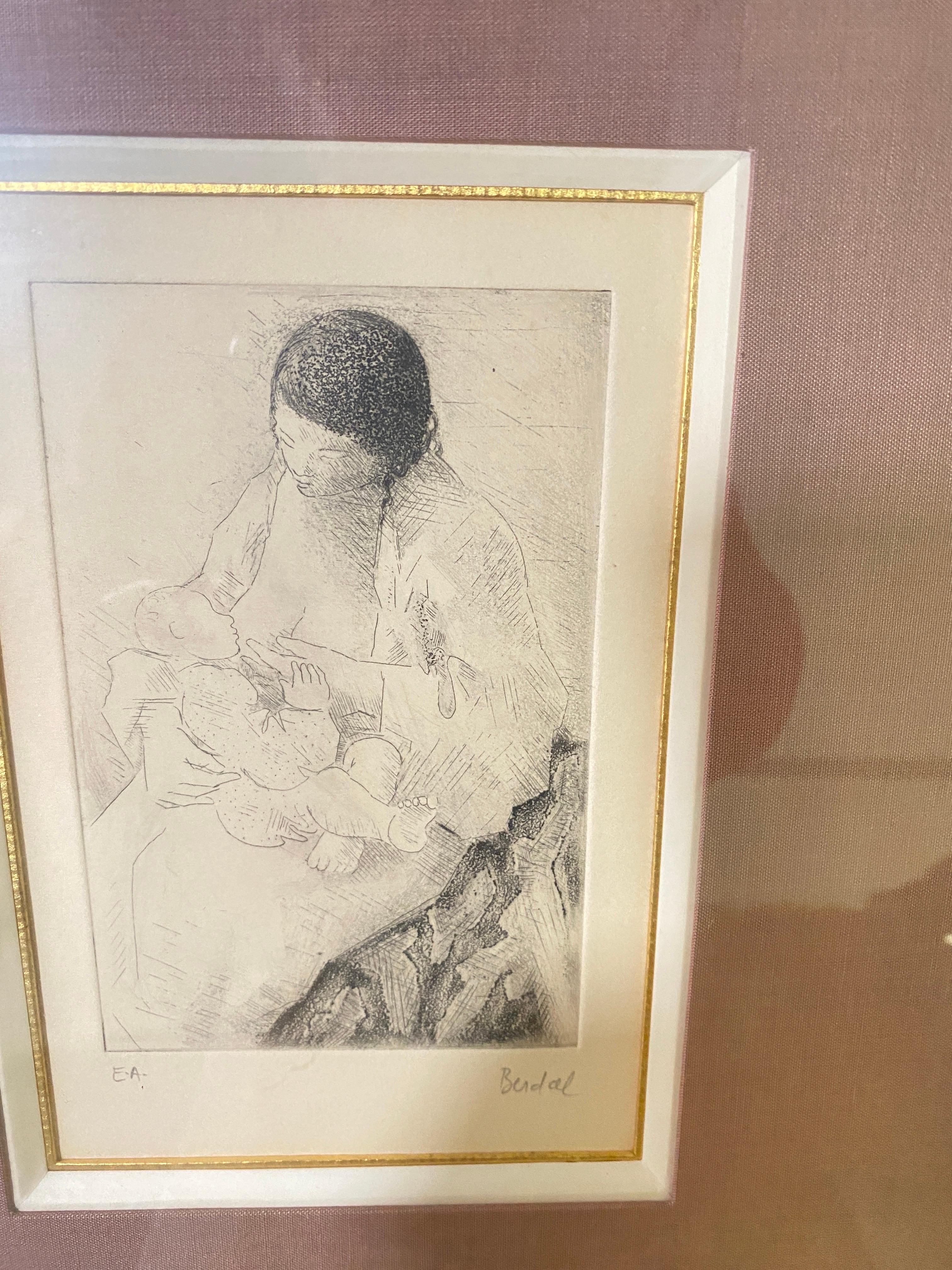 Gravé Gravure par  Alex Berdal, France, 20e siècle, représentant une femme avec un enfant en vente