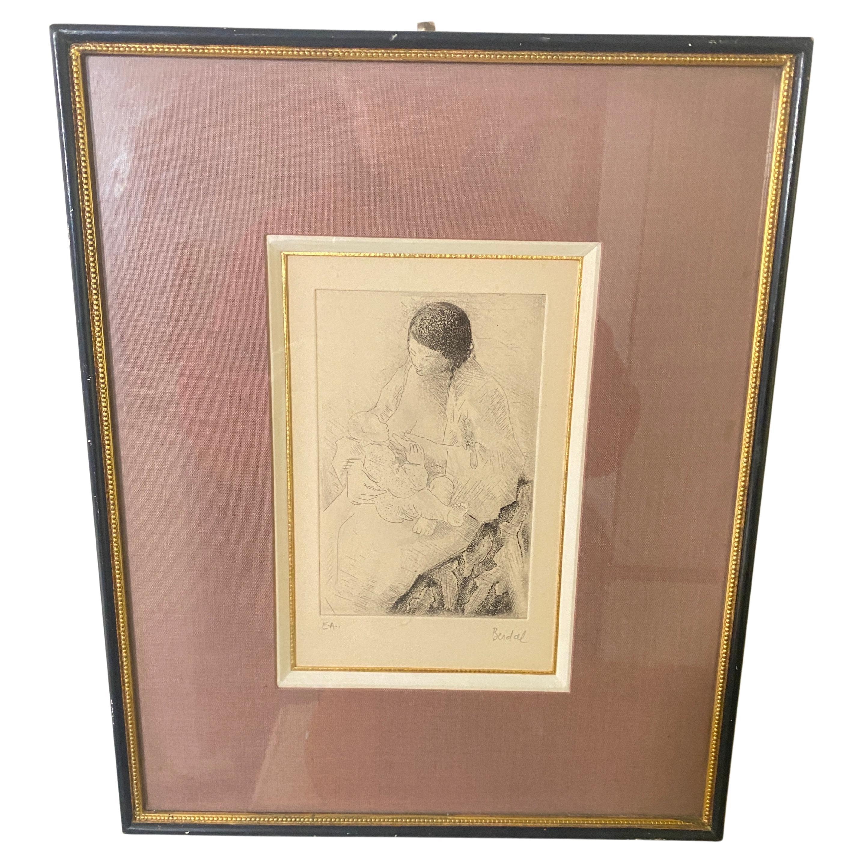 Engraving signed France 20th Century a Women with a child
