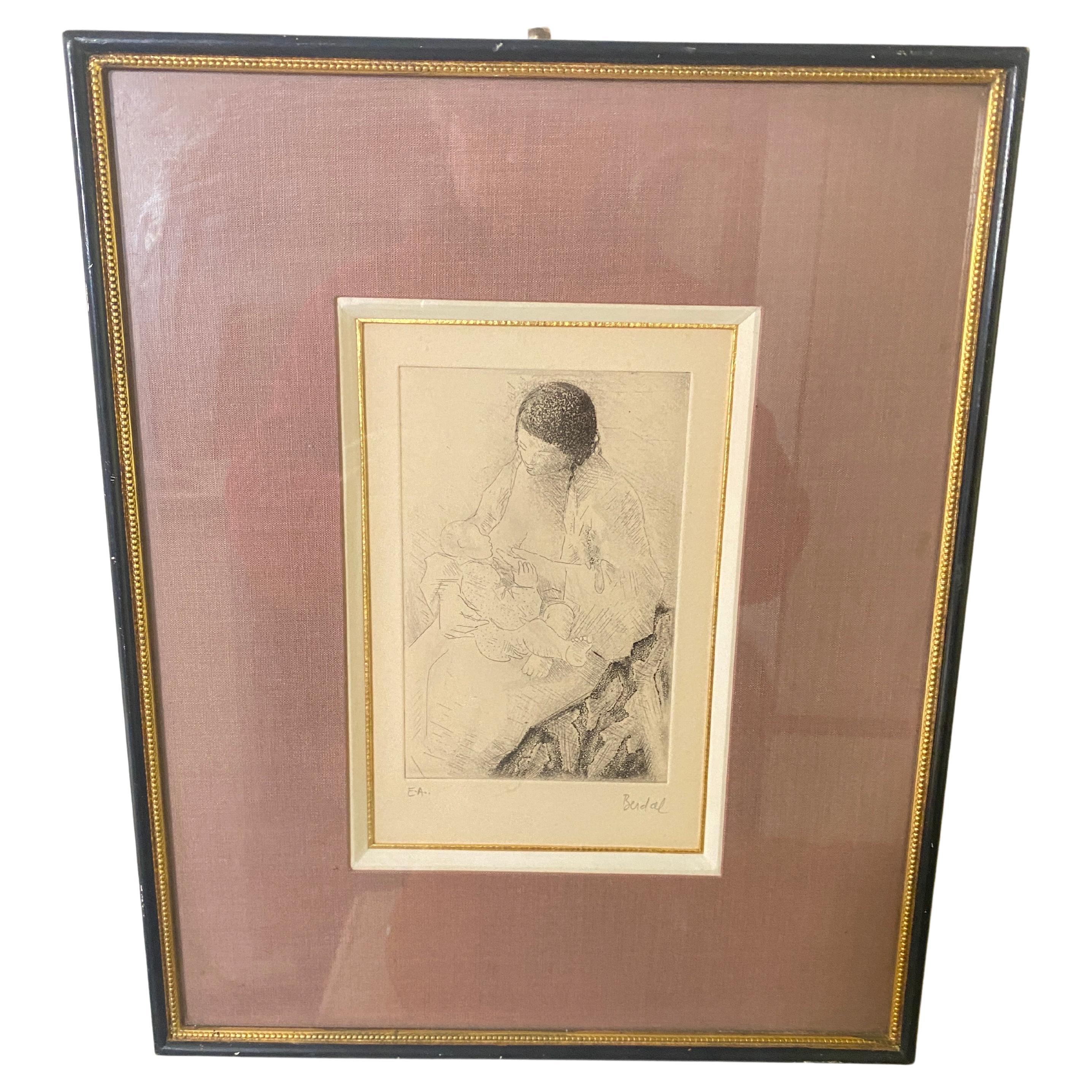 Engraving by  Alex Berdal signed France 20th Century a Women with a child For Sale