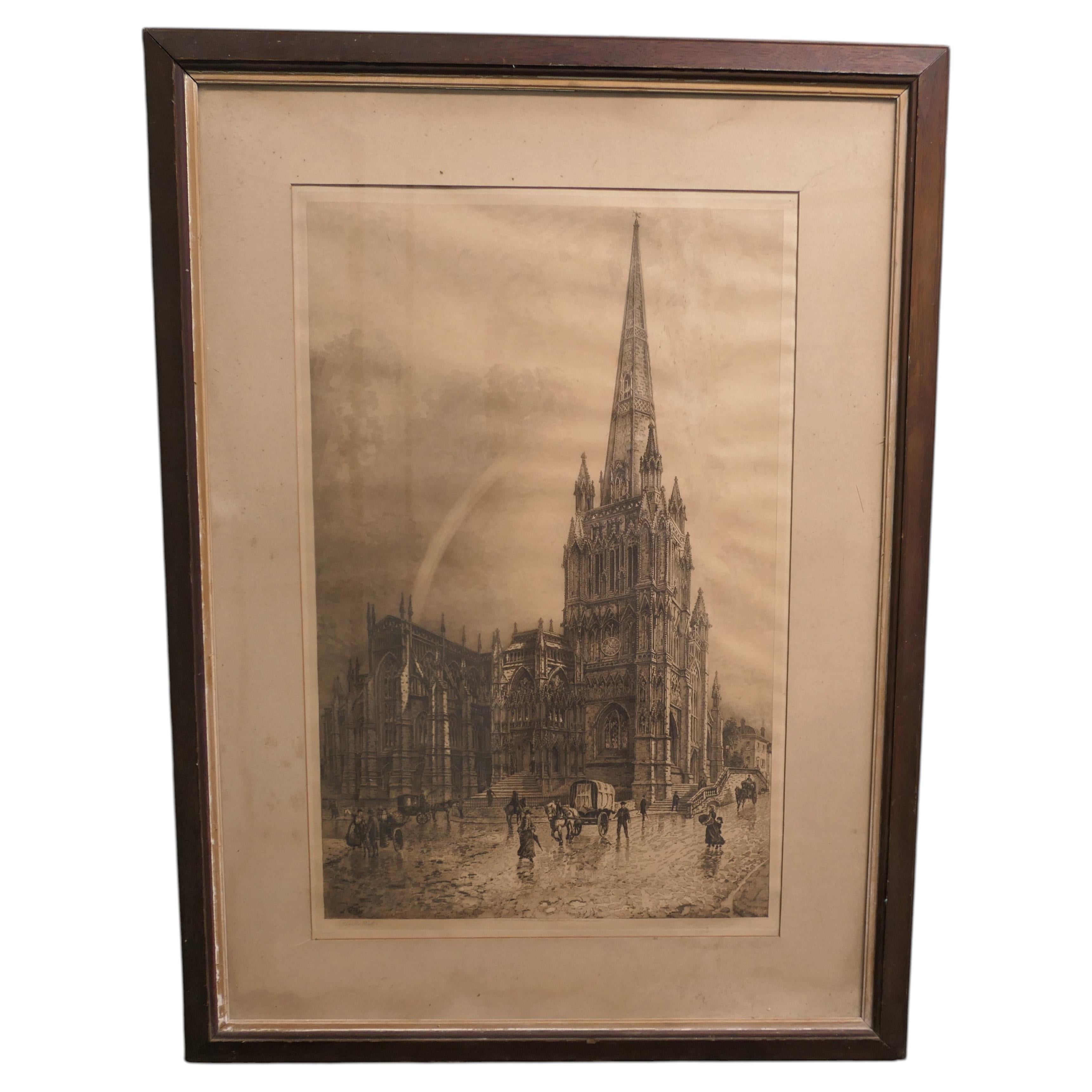 Engraving by artist Charles Bird of St. Mary Redcliffe Church in Bristol England
