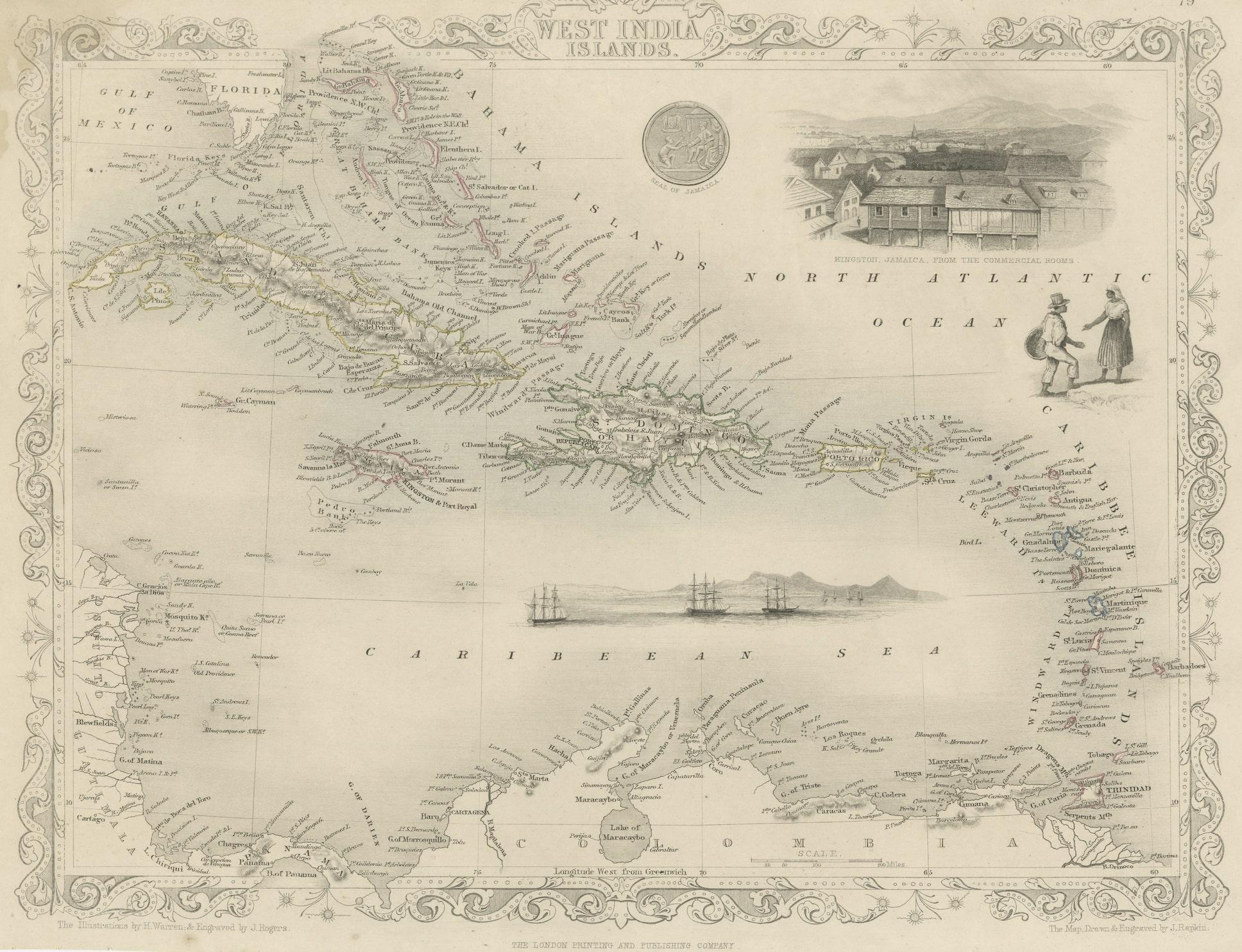 La carte des Antilles de 1851 de John Tallis est un exemple frappant de son célèbre travail cartographique. Avec des détails méticuleux et des embellissements artistiques, cette carte offre une vue d'ensemble de la région des Caraïbes au milieu du