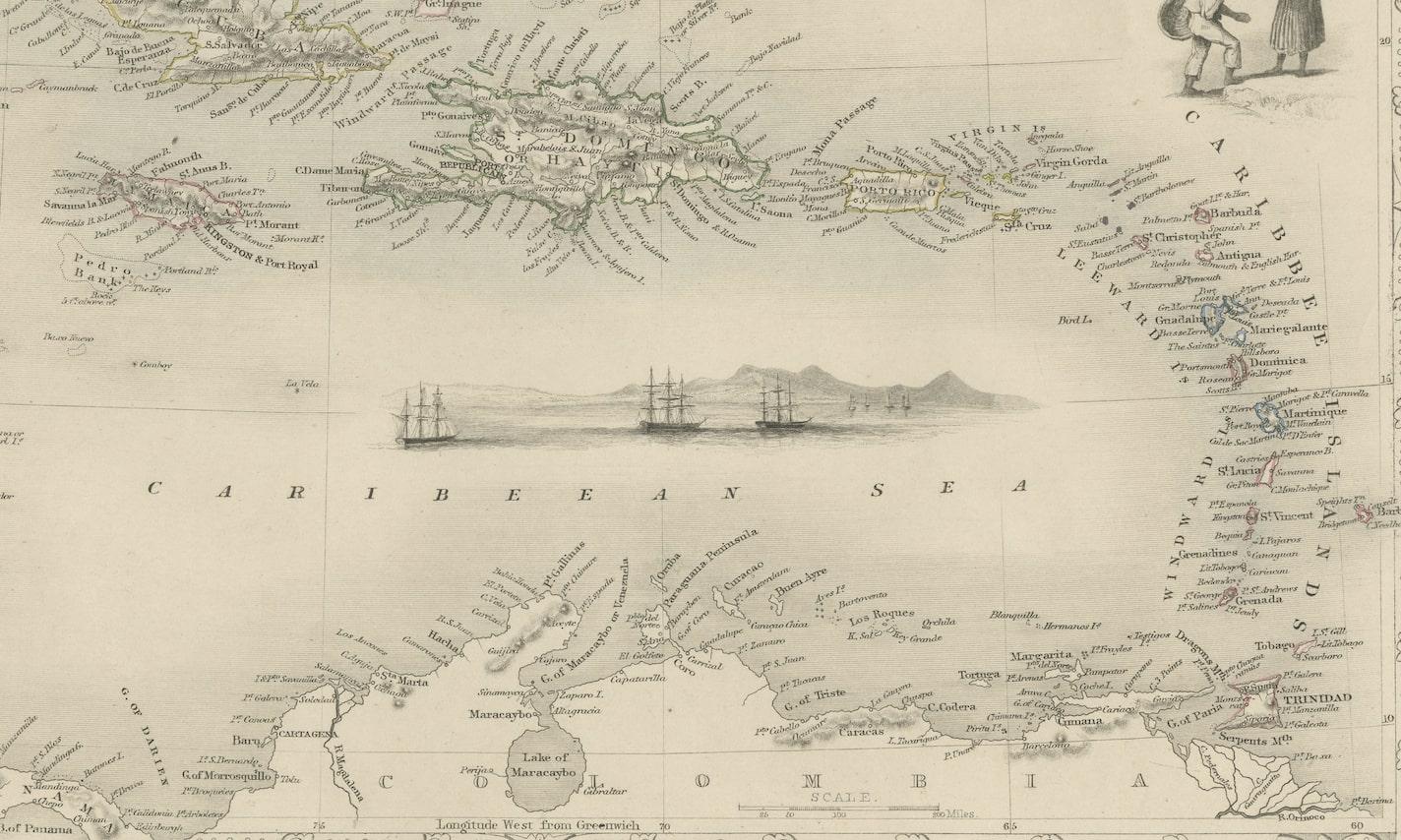 Gravure de Tallis et Rapkin d'une carte des Antilles des Caraïbes, 1851 Bon état à Langweer, NL