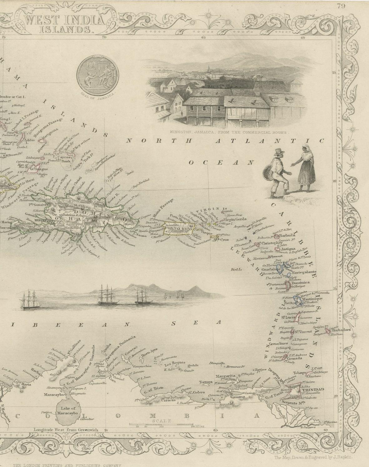 XIXe siècle  Gravure de Tallis et Rapkin d'une carte des Antilles des Caraïbes, 1851 en vente