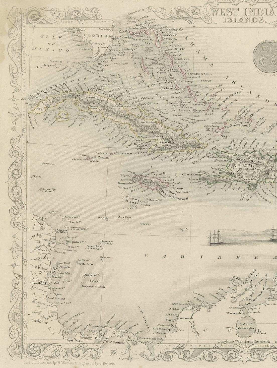 Papier Gravure de Tallis et Rapkin d'une carte des Antilles des Caraïbes, 1851