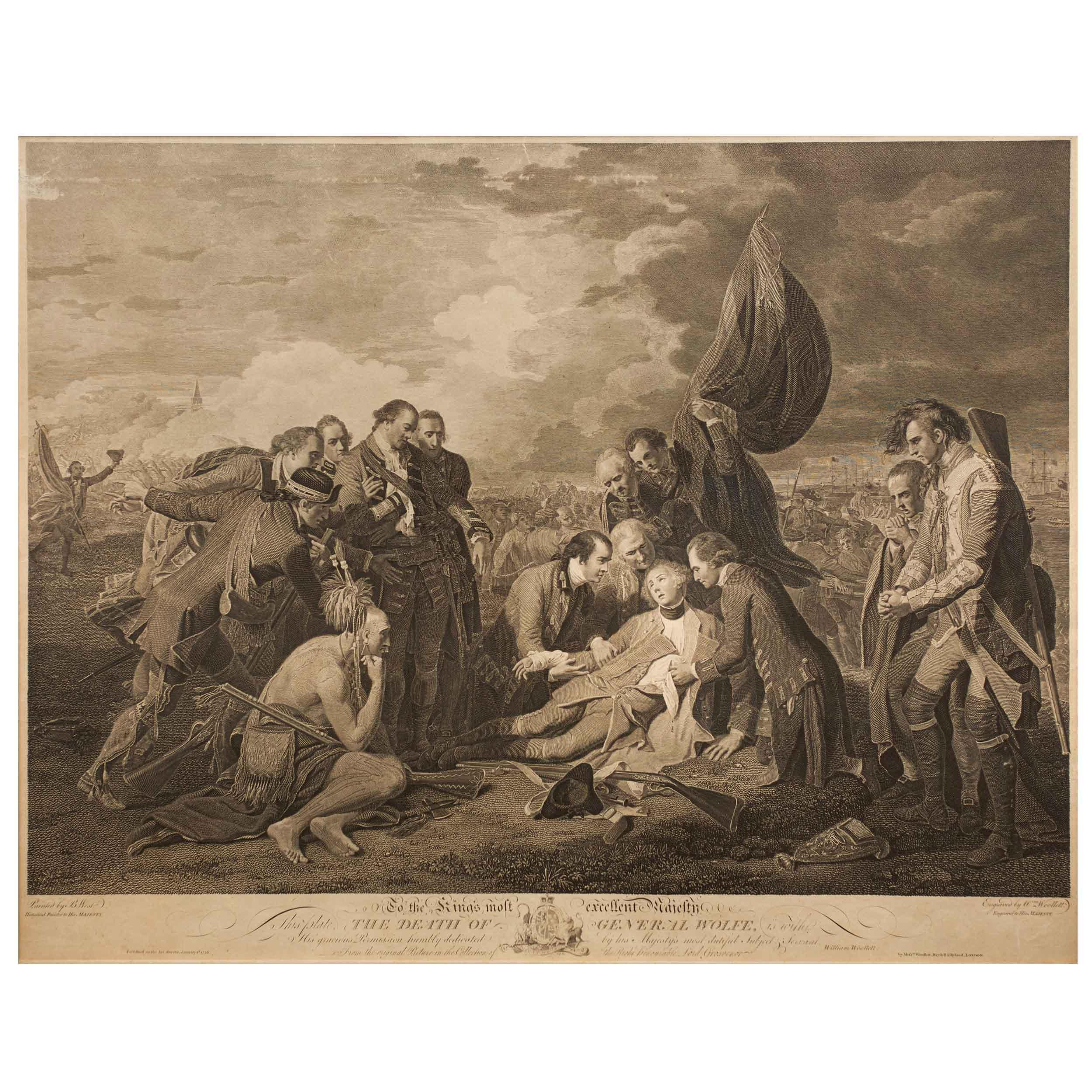 The original oil painting of The Death of General Wolfe by Benjamin West (American, 1738-1820) was executed in 1770 in commemoration of the 1759 Battle of Quebec, capturing the twelve soldiers and one Native American surrounding wounded General