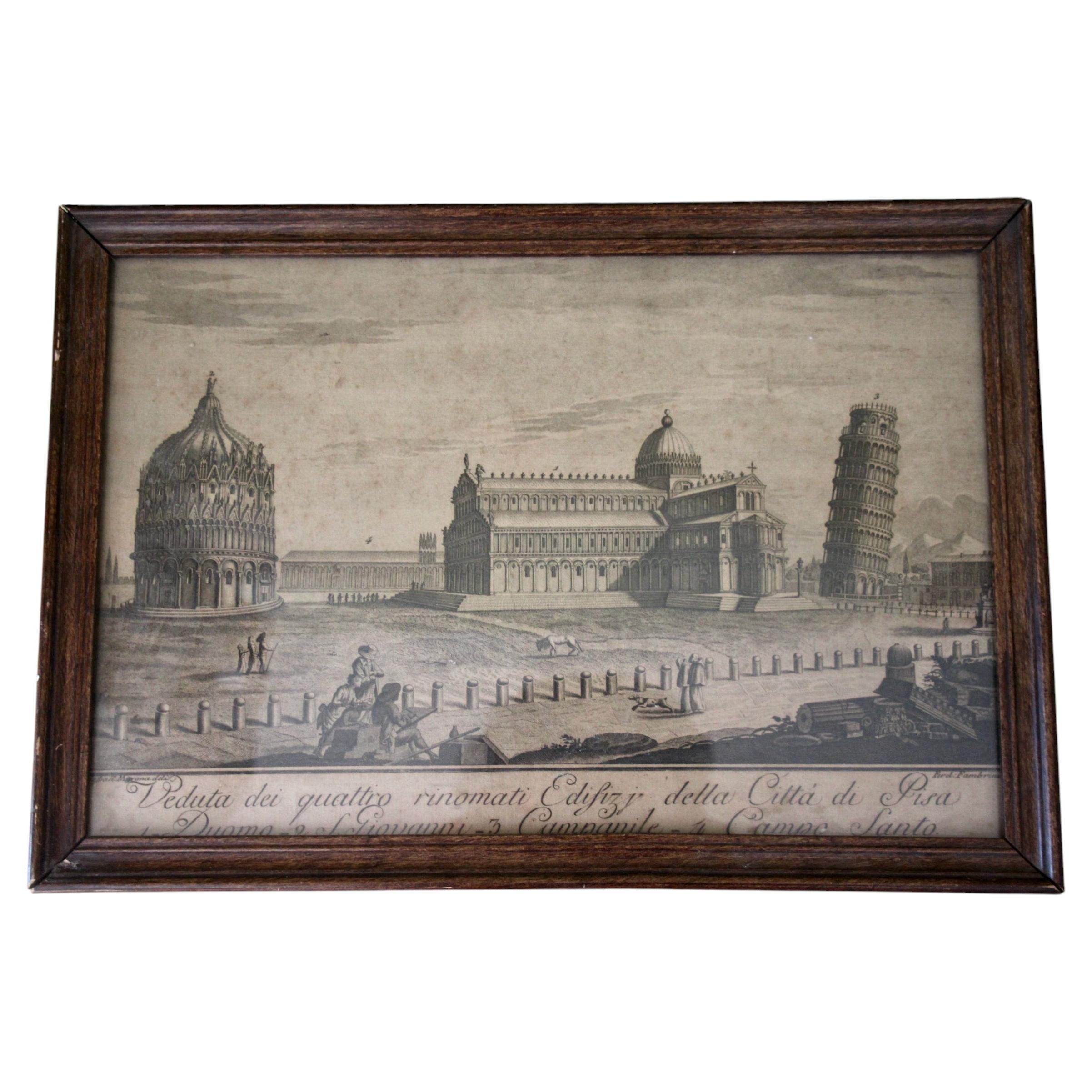Engraving depicting the Tower of Pisa and the village square.