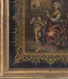 Grabado - «Chica con arpa» - siglo XIX