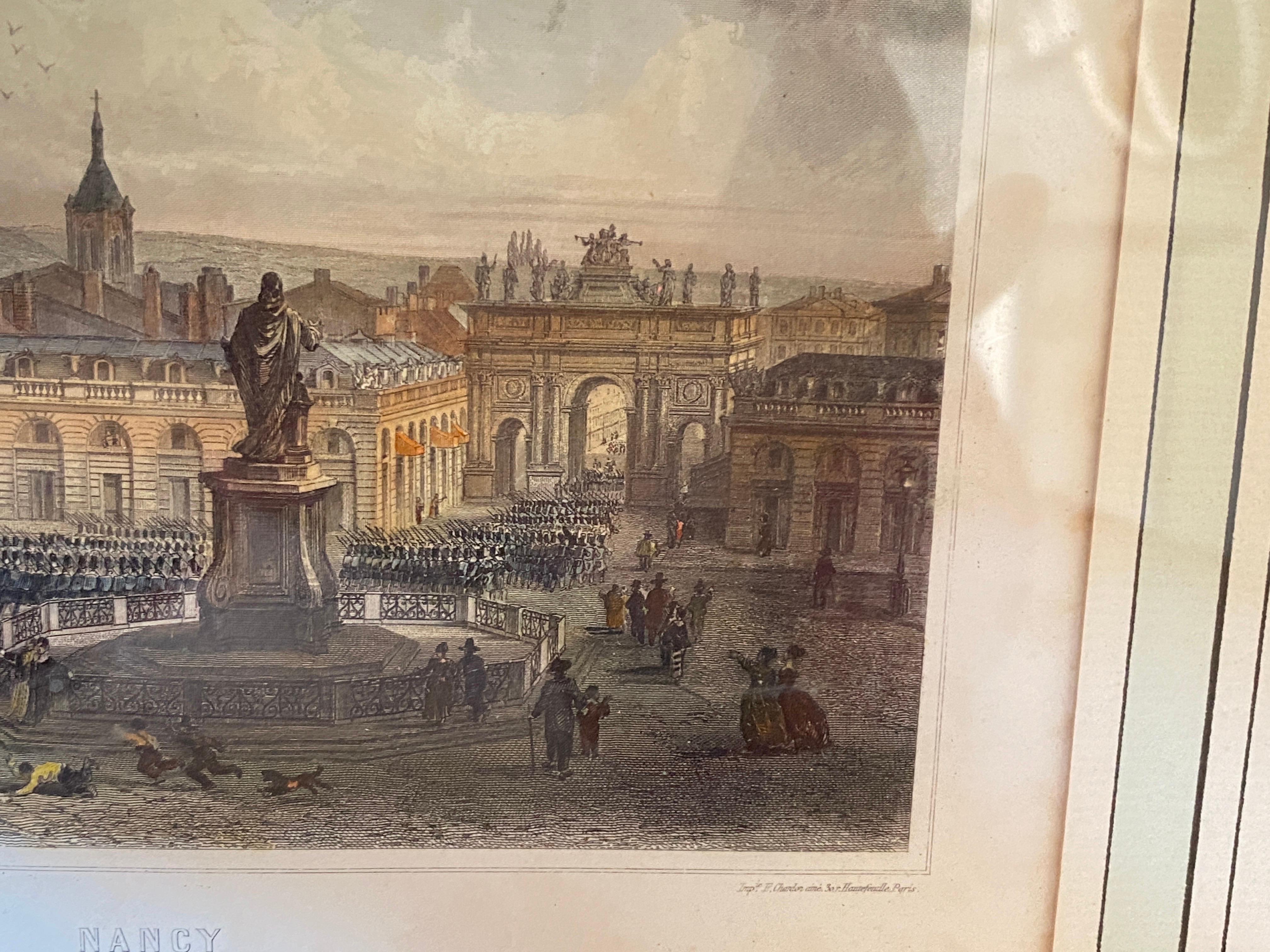 Engraving in Color, Architectural Place in Nancy with Characters, France 18th For Sale 1