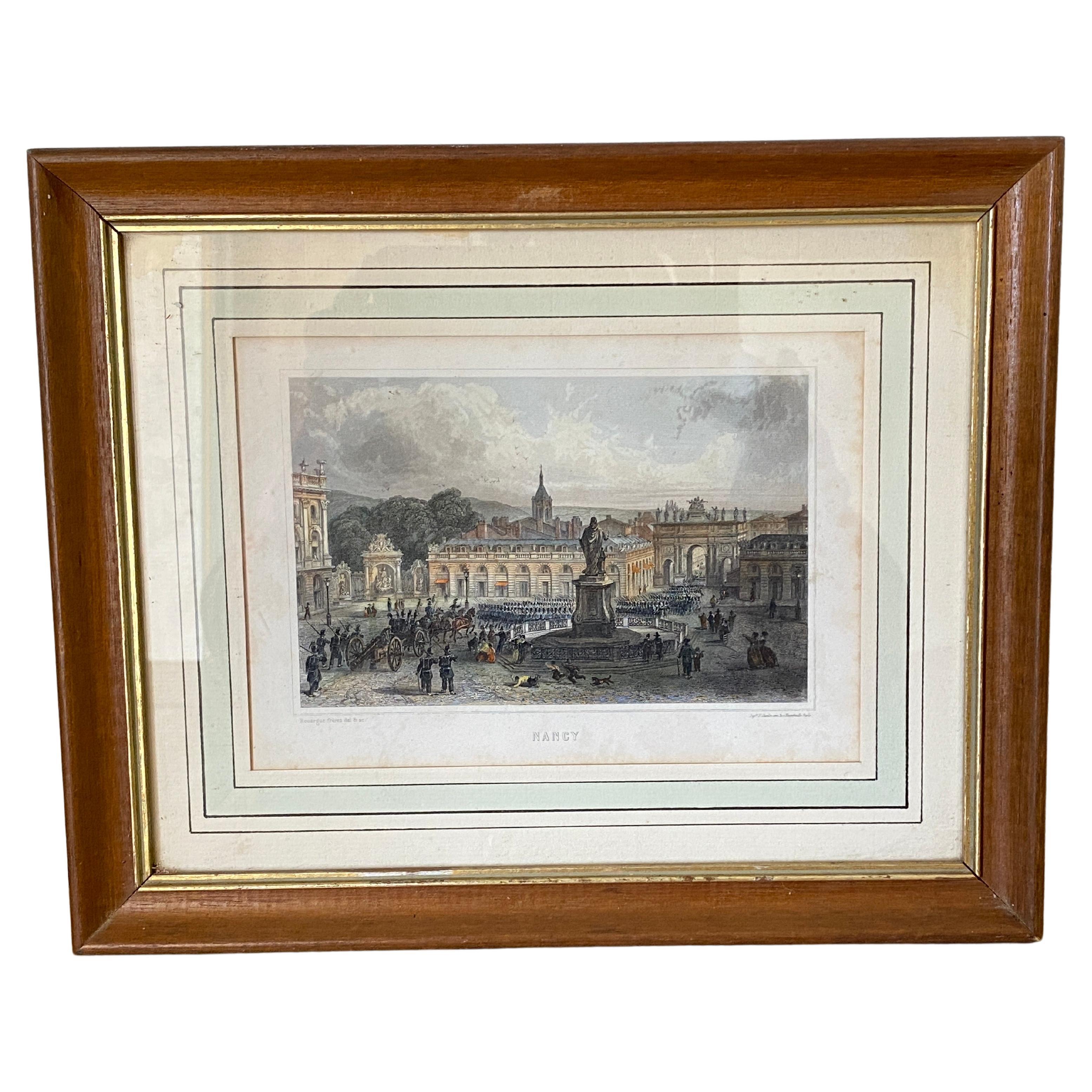 Engraving in Color, Architectural Place in Nancy with Characters, France 18th For Sale