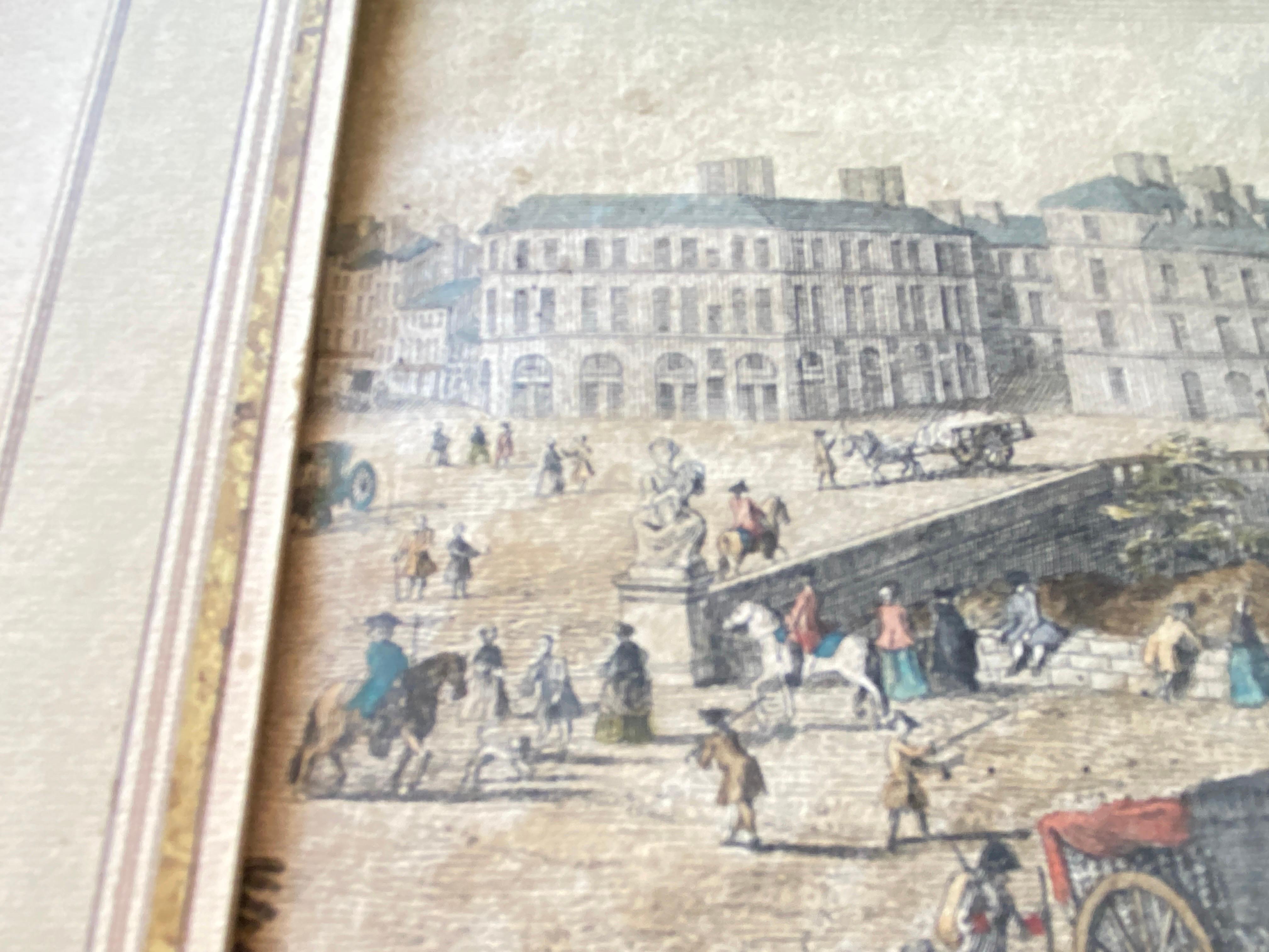 Gilt Engraving in color, Architectural place in Paris, with characters, France 18th For Sale