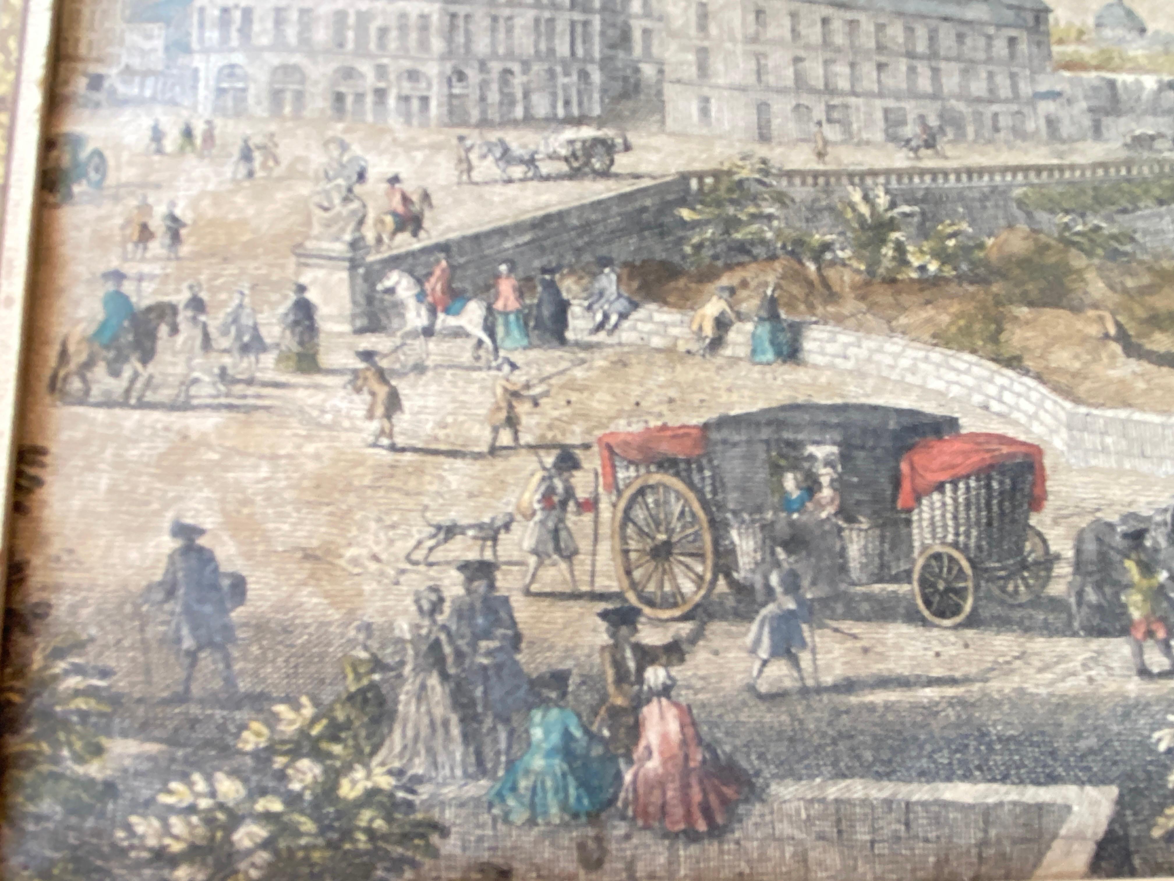 Engraving in color, Architectural place in Paris, with characters, France 18th For Sale 1