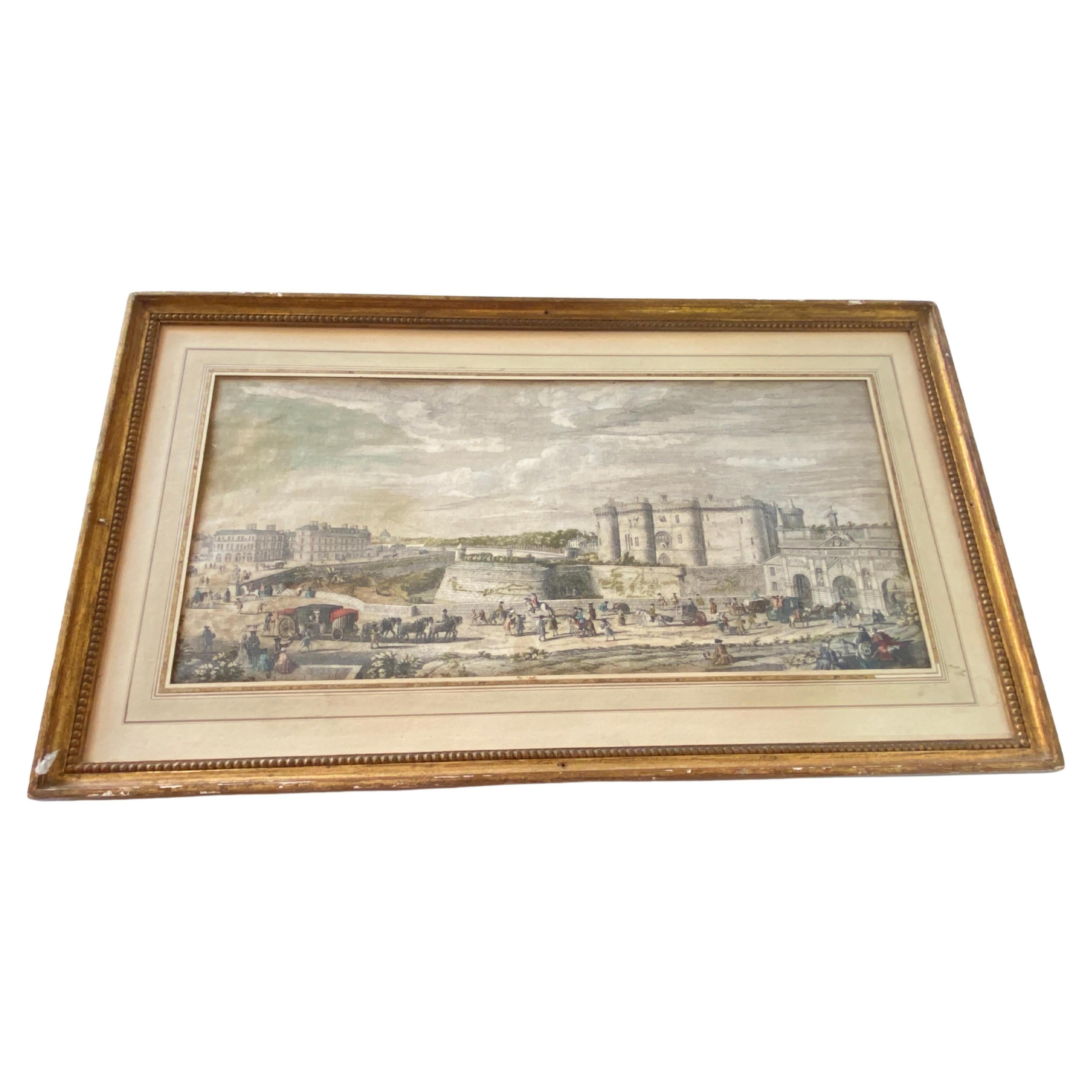 Engraving in color, Architectural place in Paris, with characters, France 18th For Sale