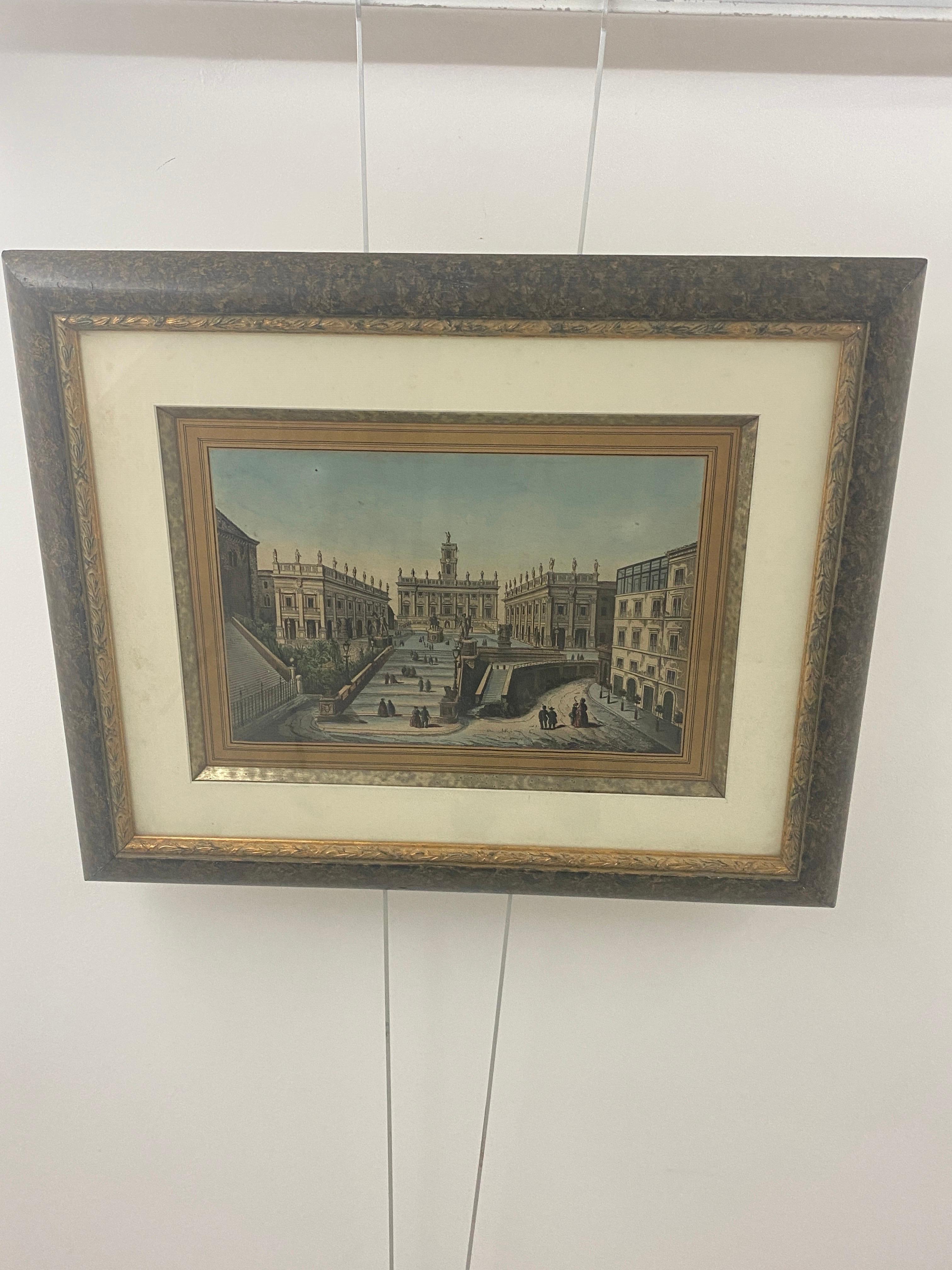 Engraving in color, Architectural place, with characters, italy 19th For Sale 3