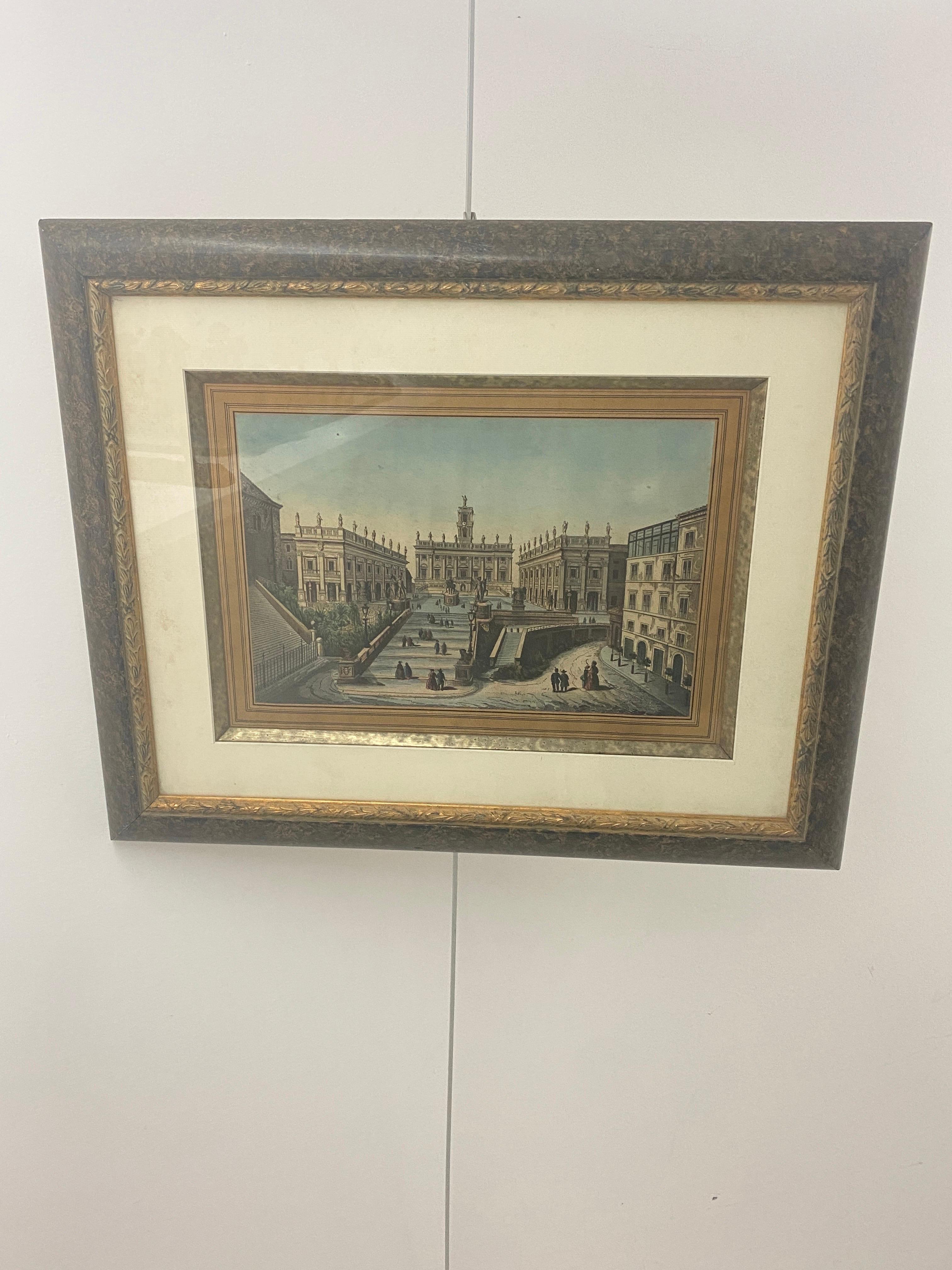 Engraving in color, Architectural place, with characters, italy 19th For Sale 4