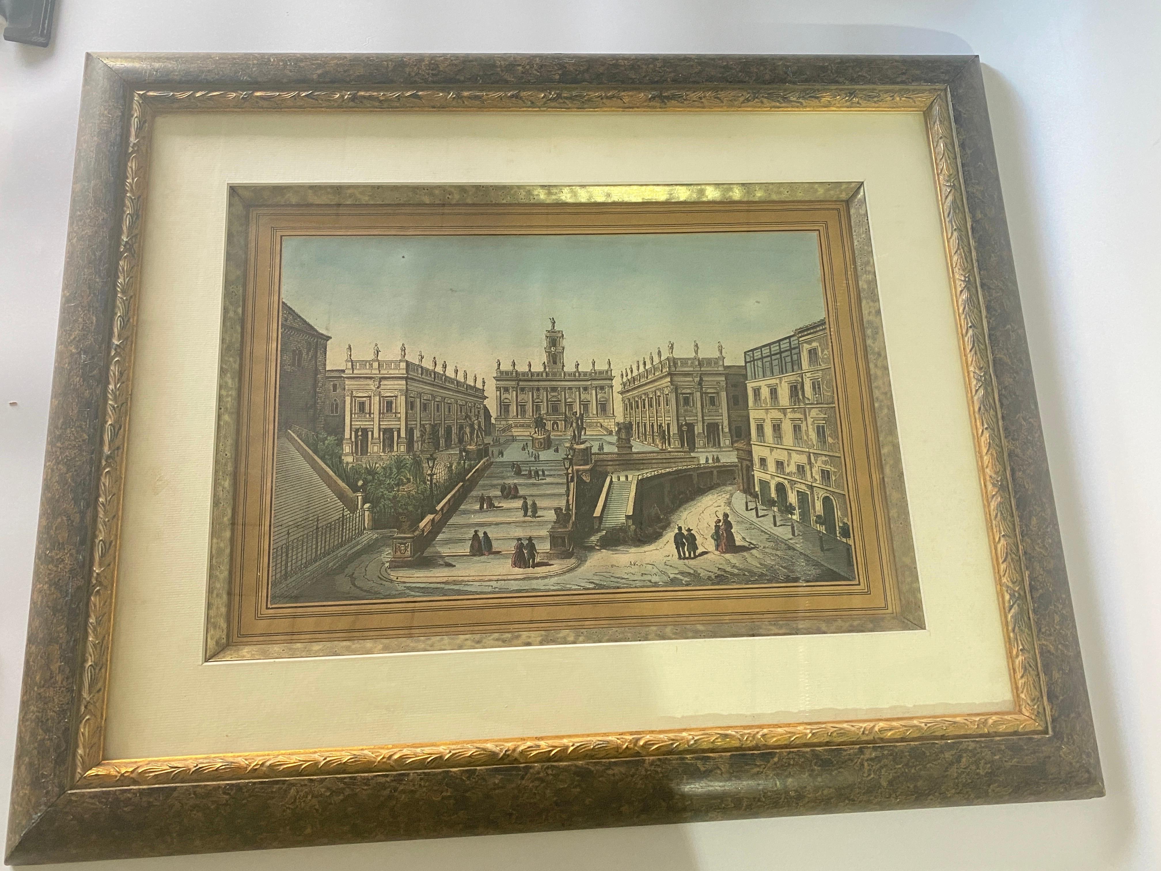 Engraving in color, Architectural place, with characters, italy 19th For Sale 2