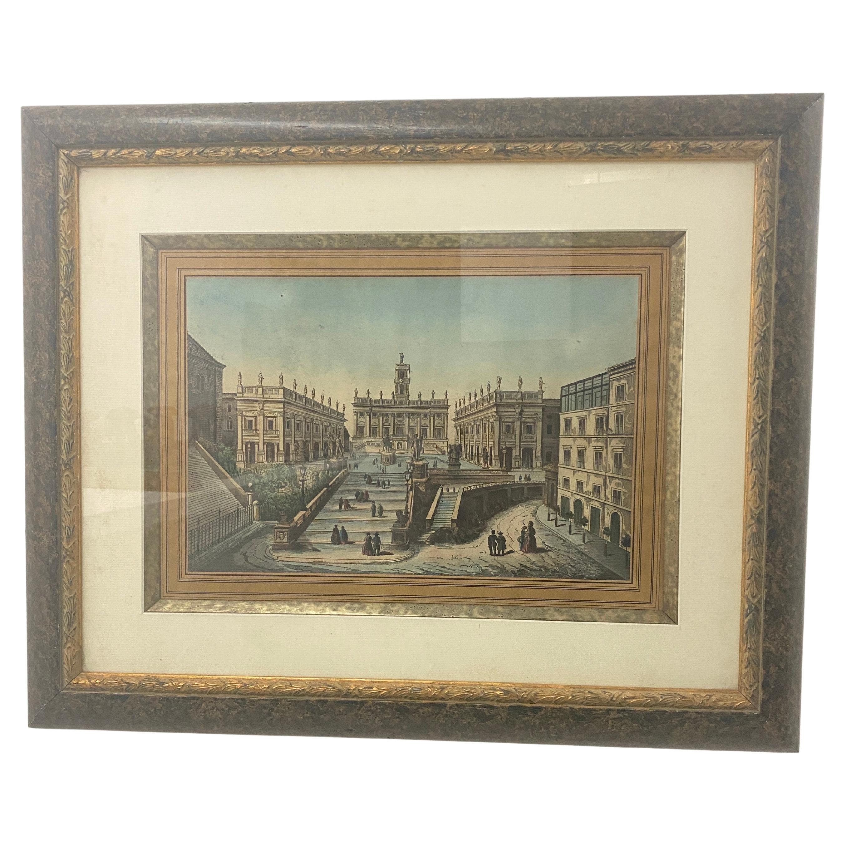 Engraving in color, Architectural place, with characters, italy 19th For Sale