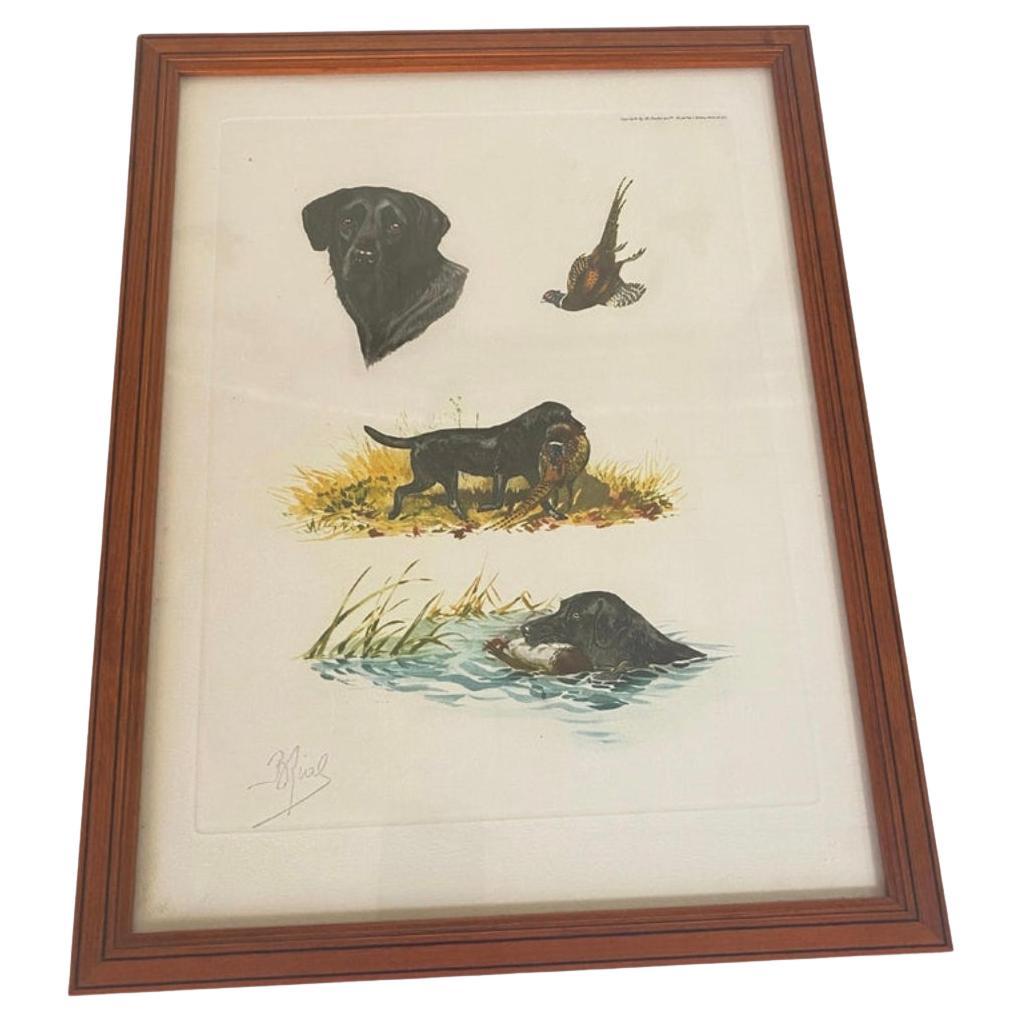 Gravur in Farbe Jagdszenen mit Tieren, signiert Boris Riabouchine, 20. Jahrhundert 
