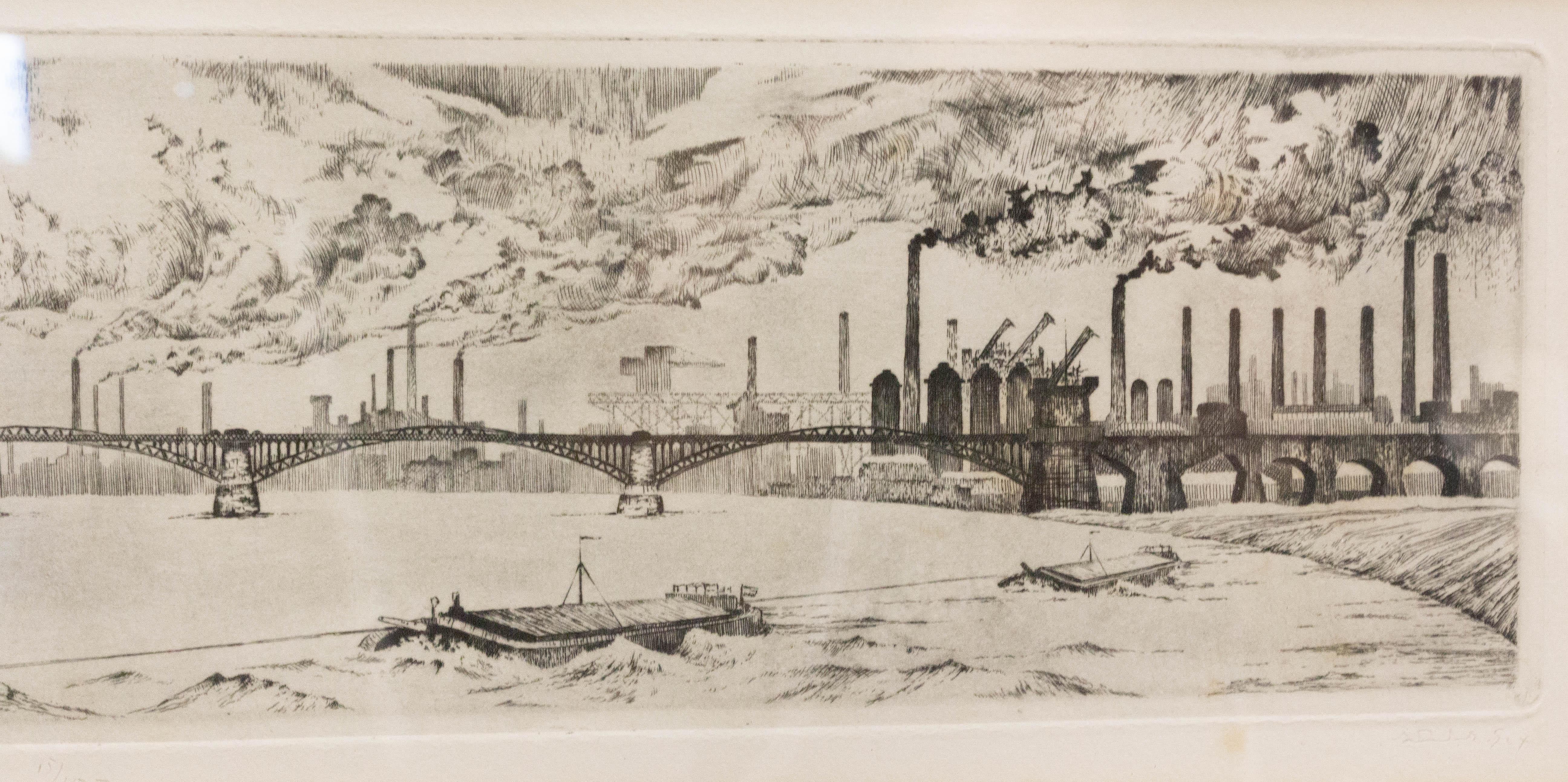 Engraving Industrial Landscape Railway Bridge, Germany, Late 19th Century In Good Condition For Sale In Labrit, Landes