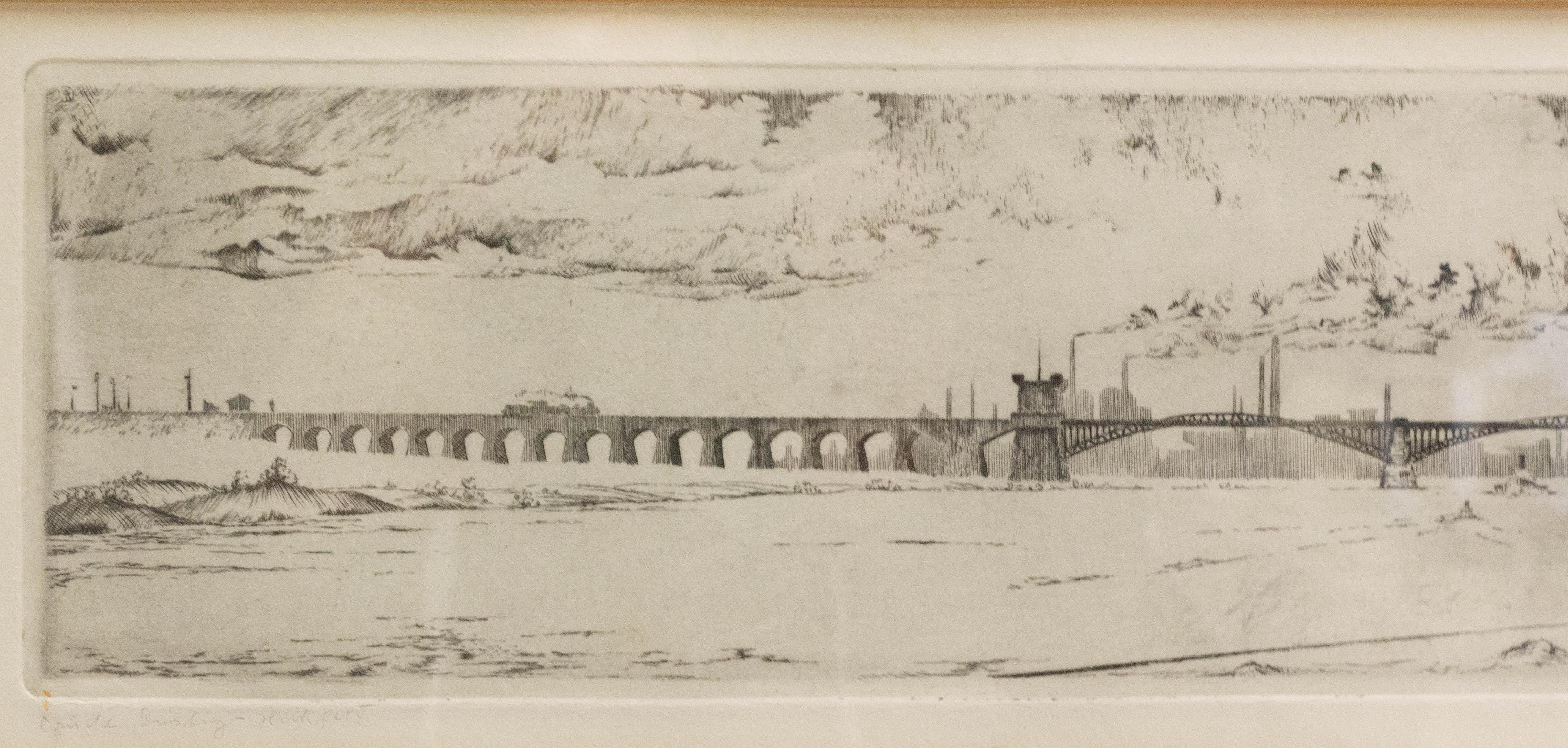Paper Engraving Industrial Landscape Railway Bridge, Germany, Late 19th Century For Sale