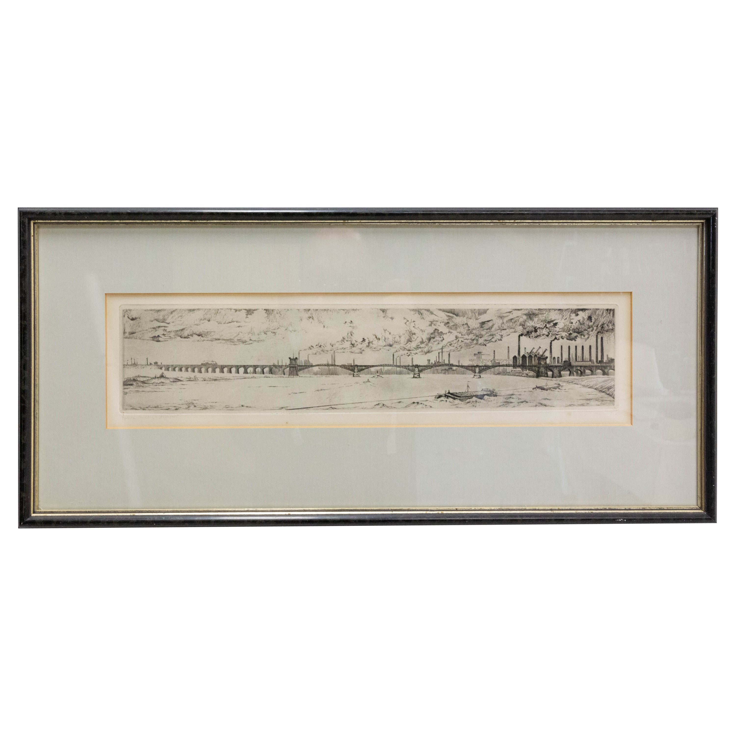 Gravure Paysage industriel Pont ferroviaire, Allemagne, fin du XIXe siècle