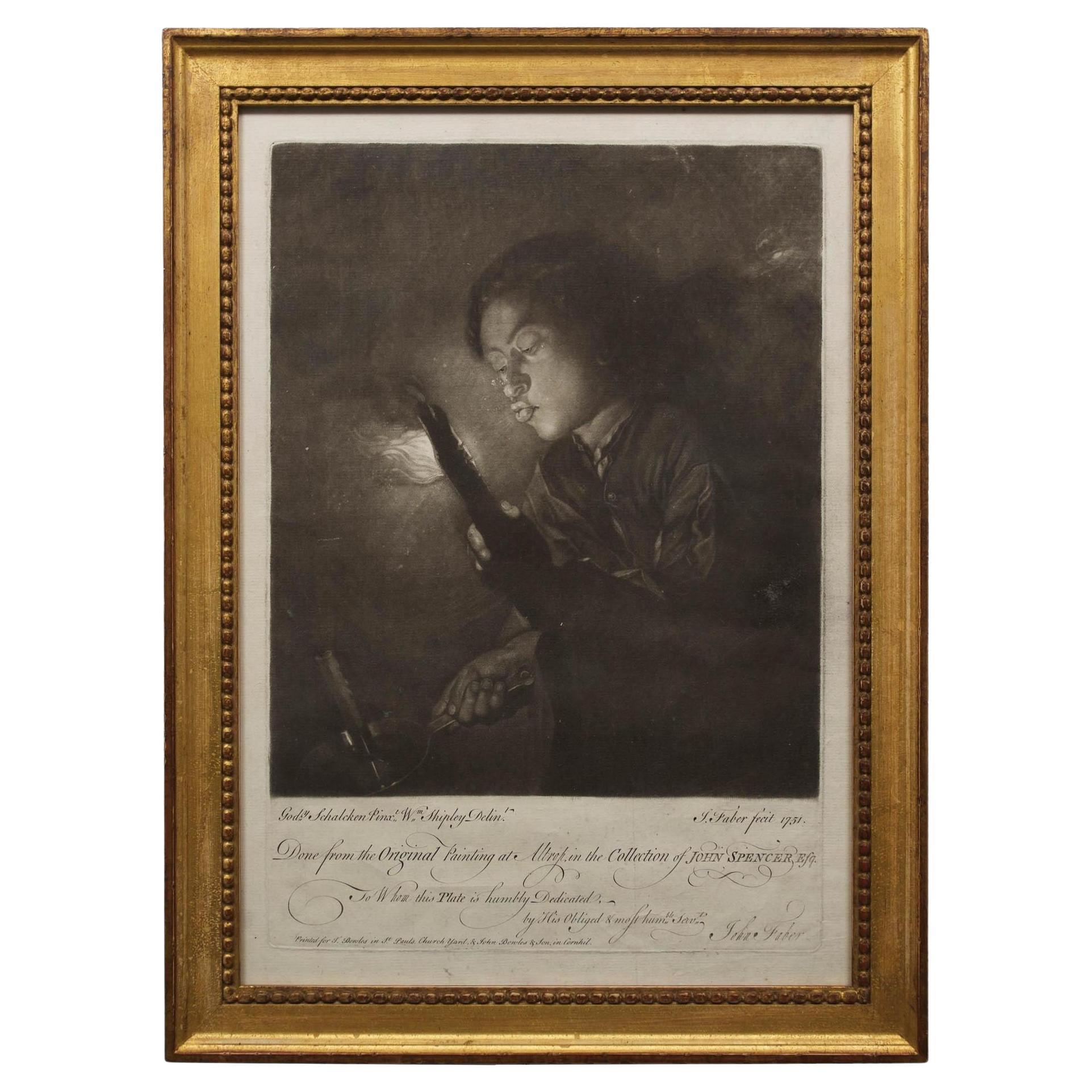 Engraving "Lighting the Candle" by John Faber after Godfried Schalcken, C1751