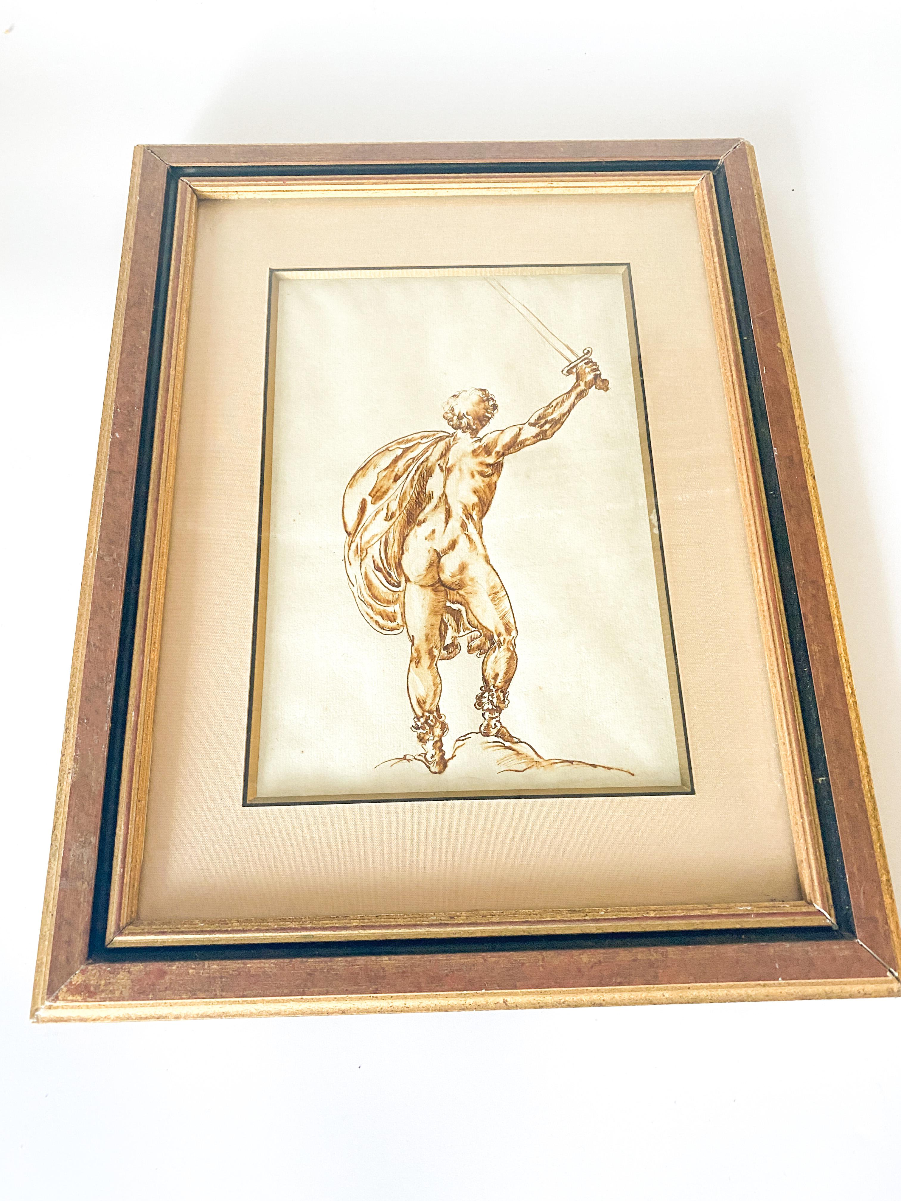 This is an engraving of an Ink drawing, in a brown color. It has been made in France during the 19th century.