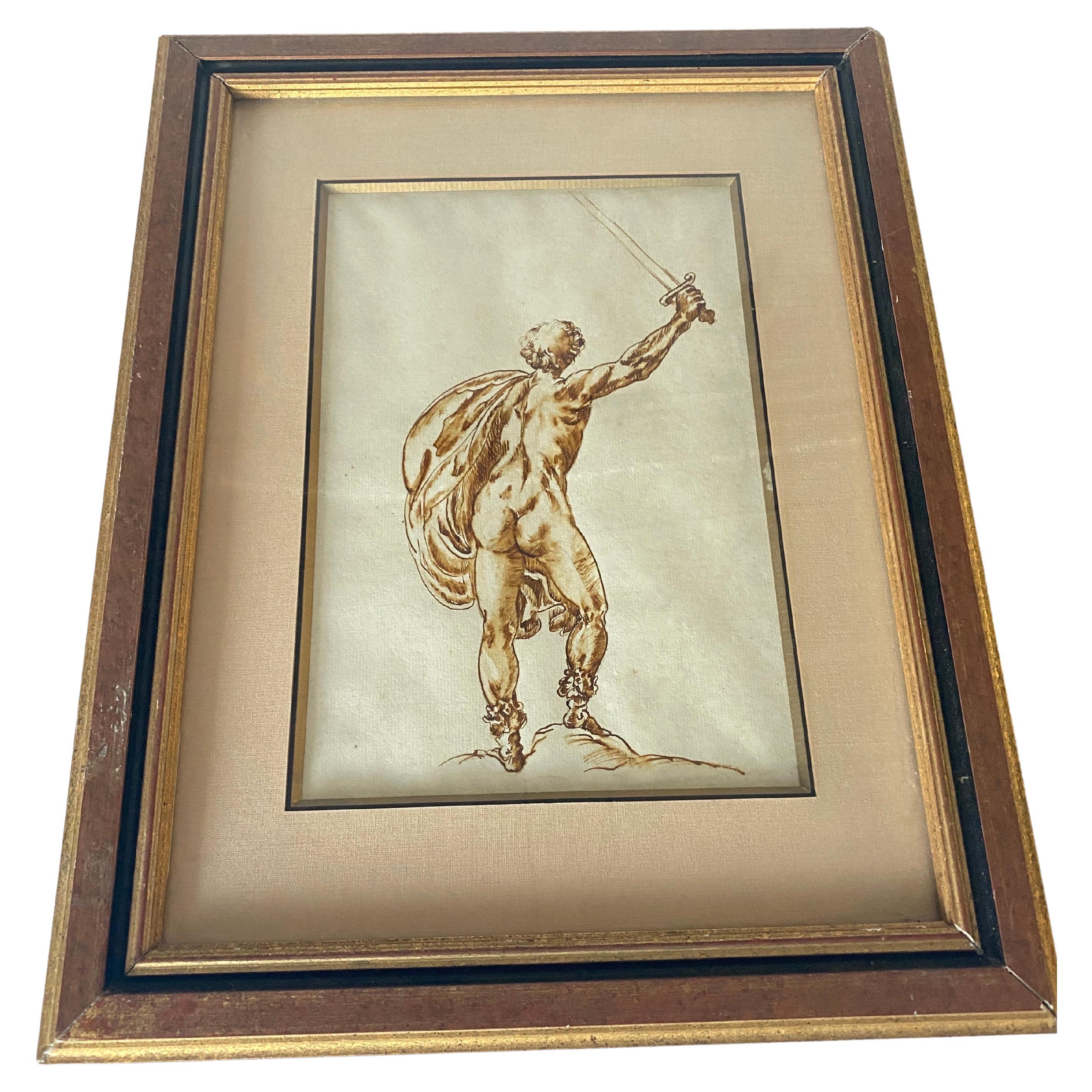Engraving of a Drawing of a Nude Man, Brown Ink, Italy, 19th Century For Sale