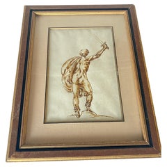 Antique Engraving of a Drawing of a Nude Man, Brown Ink, Italy, 19th Century