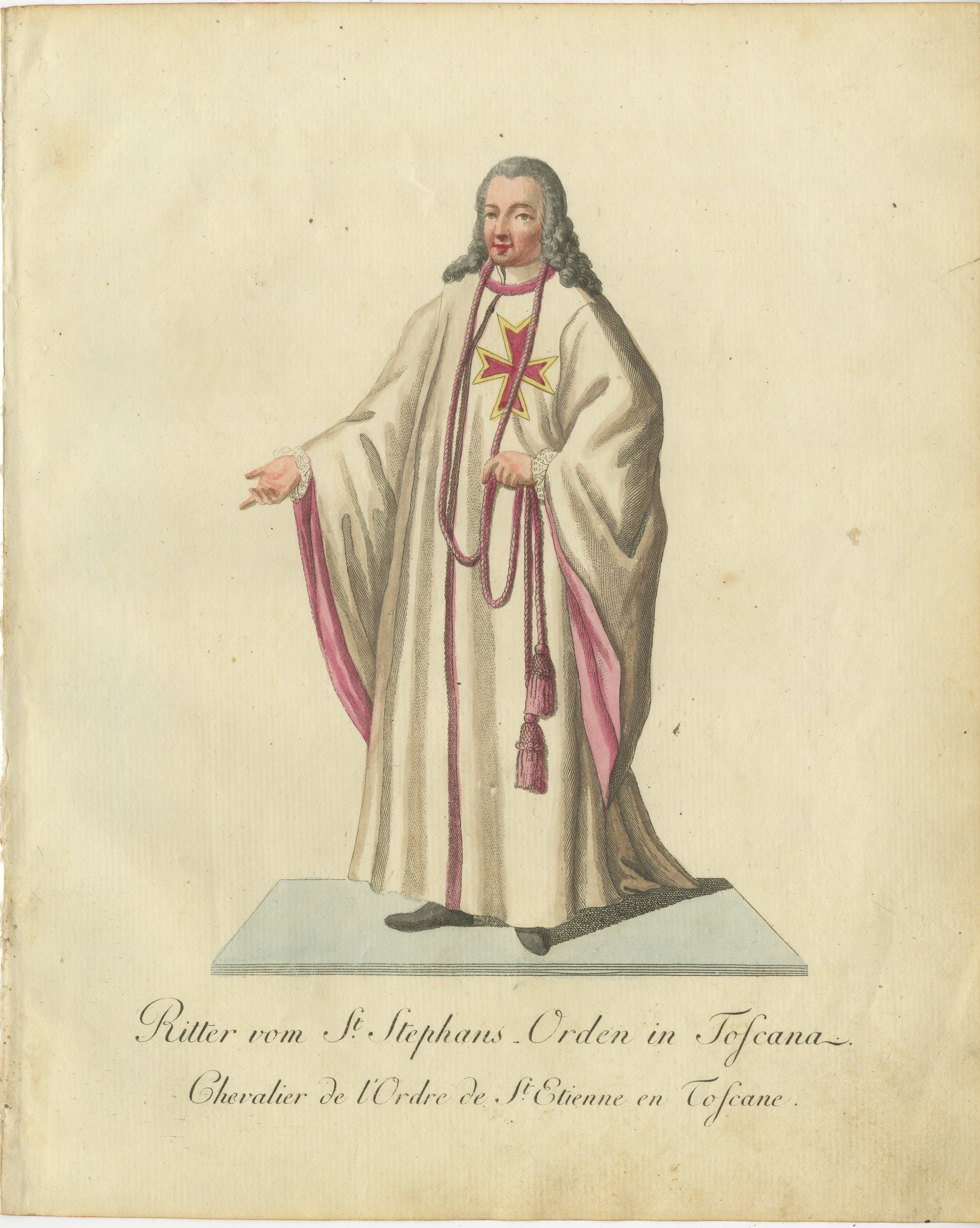 Gravur eines Ritters des St. Stephen-Ordens in der Toskana, 1792

Beschreibung:
Dieser bezaubernde handkolorierte Stich zeigt einen Ritter des Ordens des Heiligen Stephens, eines angesehenen katholischen Ritterordens, der in der Toskana im 16. Der