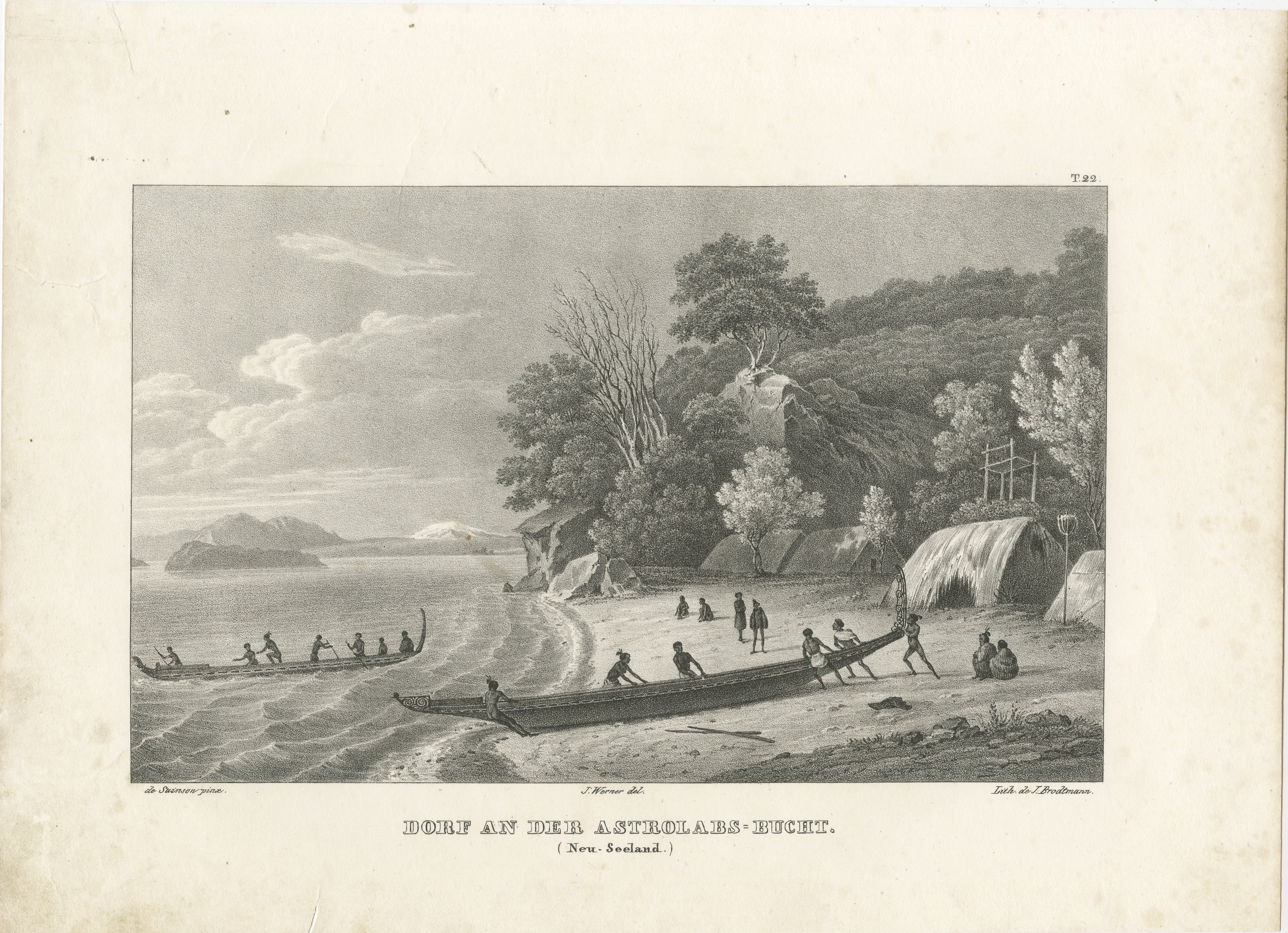 Titel: Dorfszene an der Astrolabe Bay, Neuseeland  

Beschreibung: Dieser fein detaillierte Stich zeigt eine heitere Szene eines Maori-Dorfes an der Küste der Astrolabe Bay in Neuseeland. Das Bild zeigt Maori-Dorfbewohner bei ihren alltäglichen