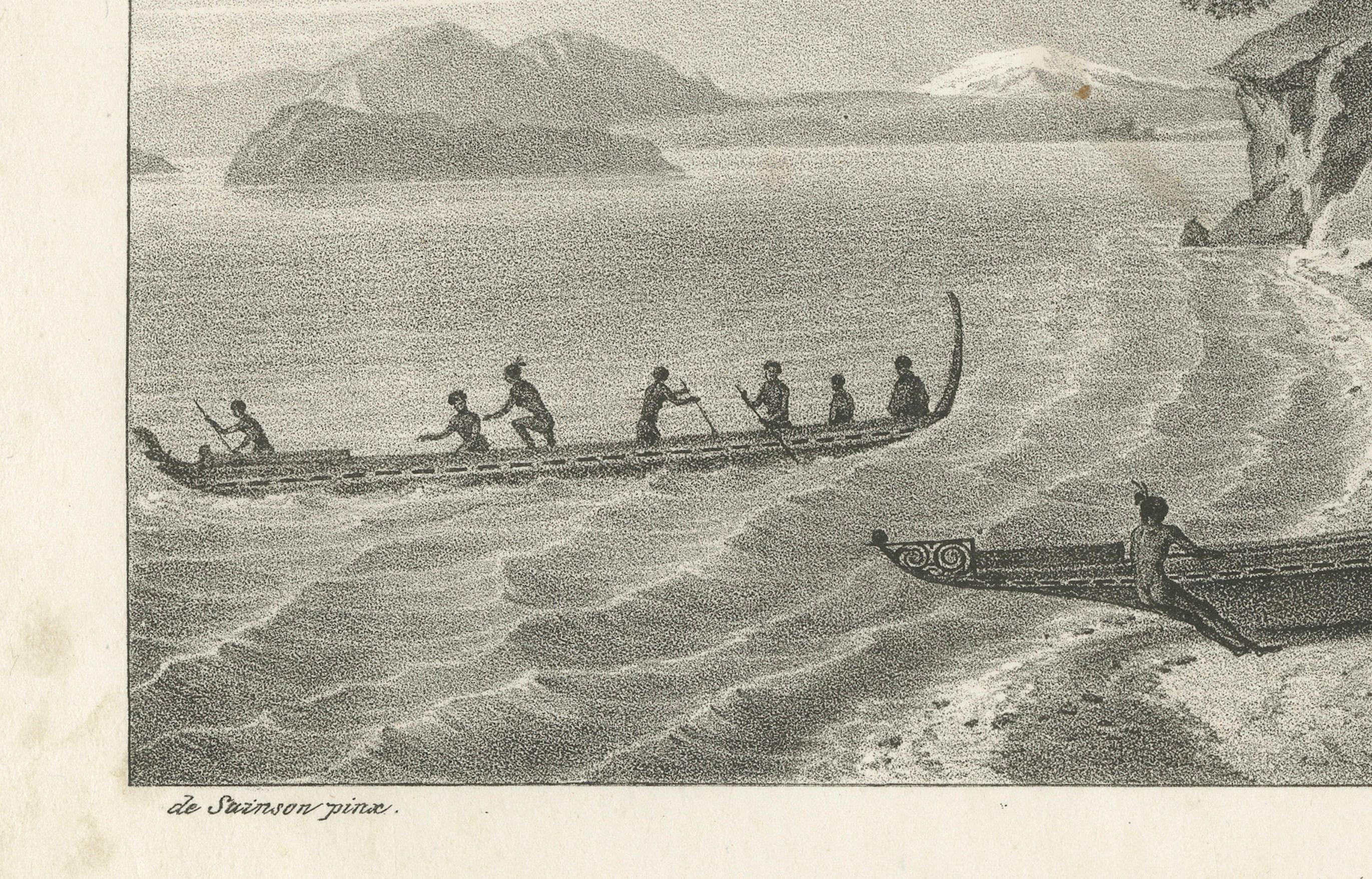 Gravur einer Maori- Village-Szene in der Astrolabe- Bay, Neuseeland, um 1836 im Zustand „Gut“ im Angebot in Langweer, NL