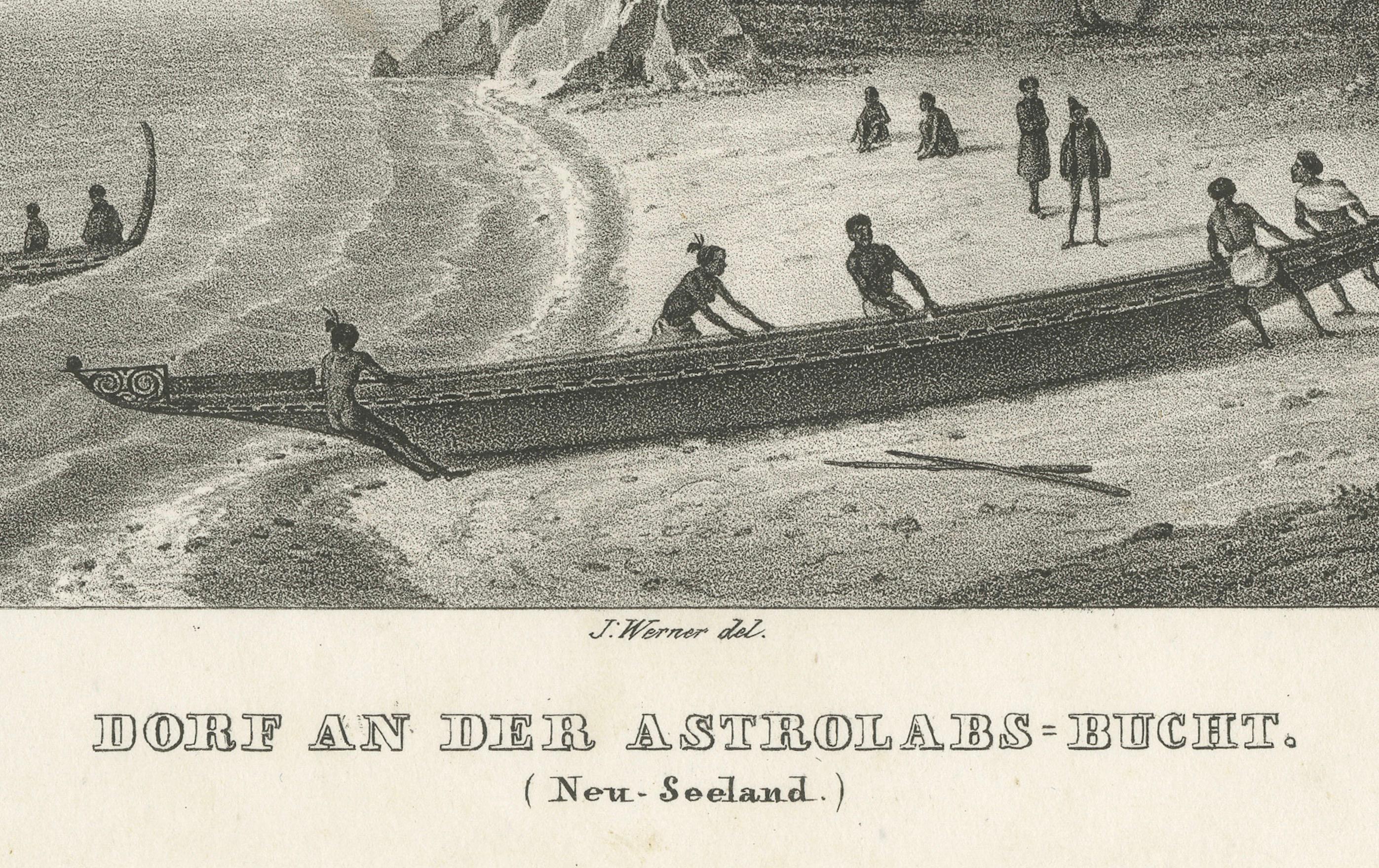 Gravur einer Maori- Village-Szene in der Astrolabe- Bay, Neuseeland, um 1836 (Mittleres 19. Jahrhundert) im Angebot