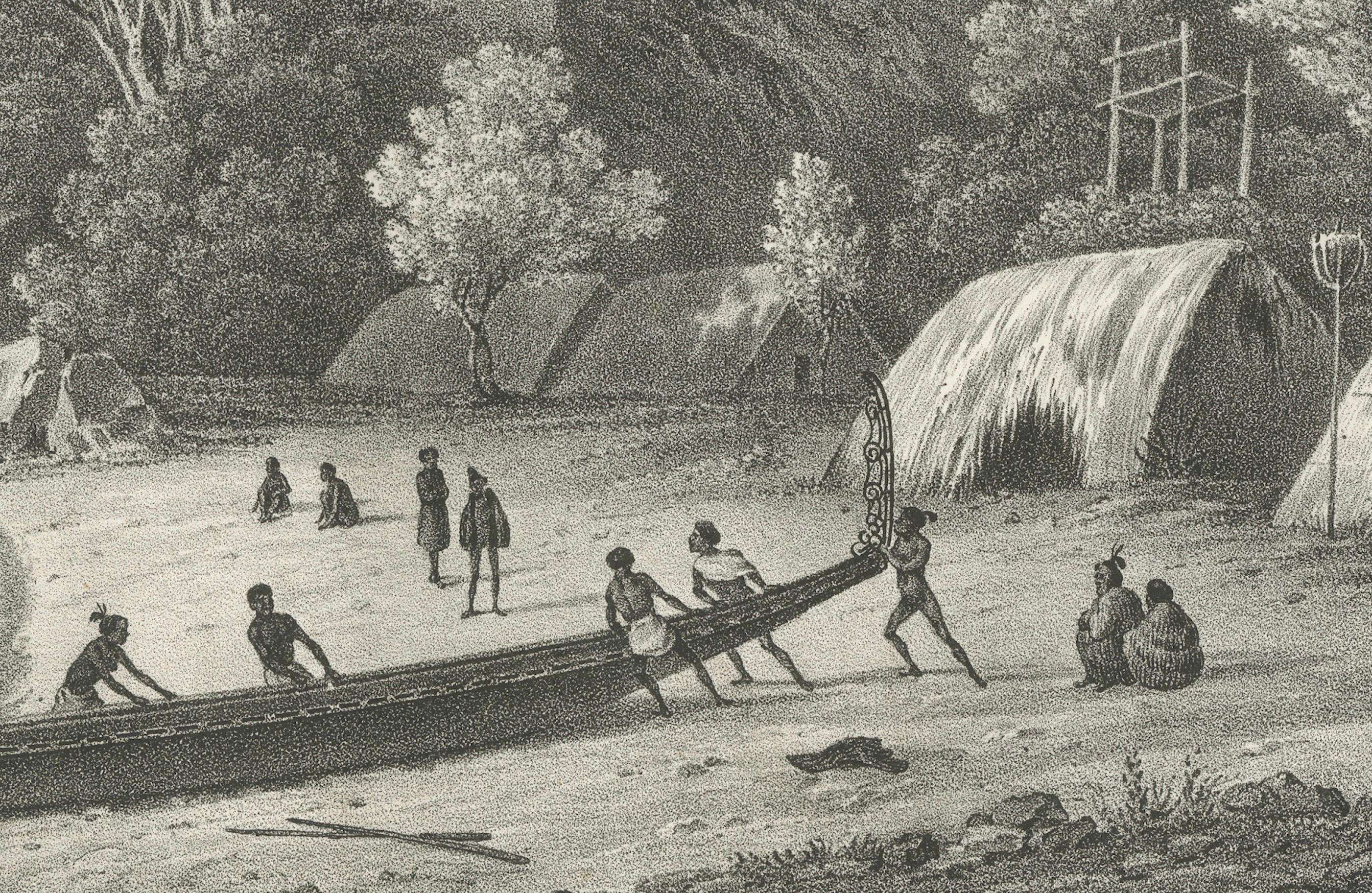 Gravur einer Maori- Village-Szene in der Astrolabe- Bay, Neuseeland, um 1836 (Papier) im Angebot