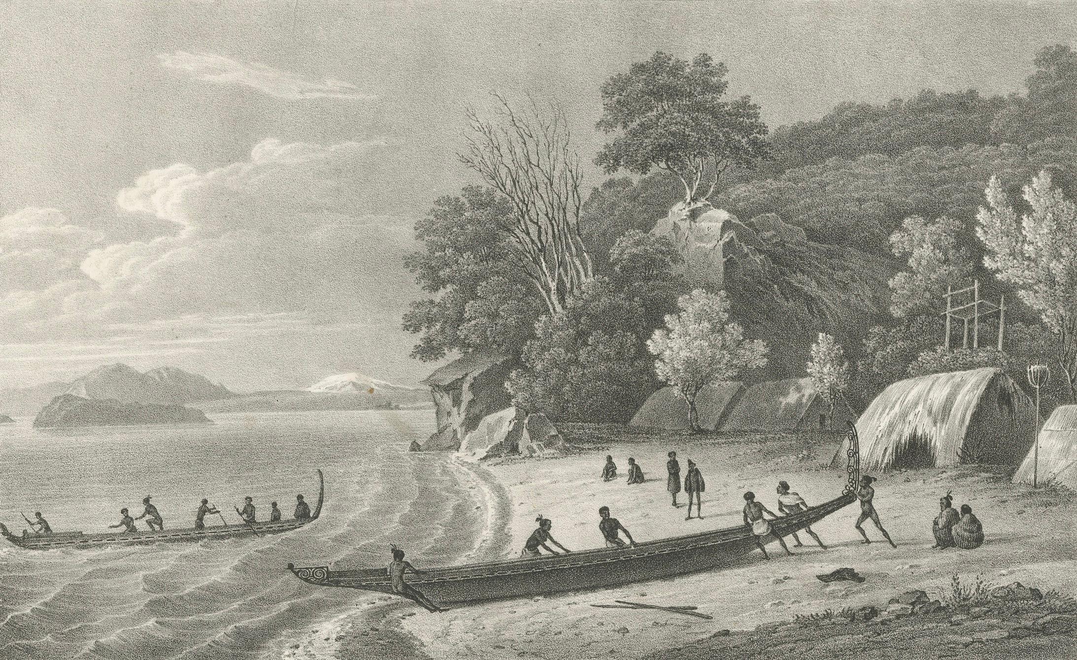 Gravur einer Maori- Village-Szene in der Astrolabe- Bay, Neuseeland, um 1836 im Angebot 1