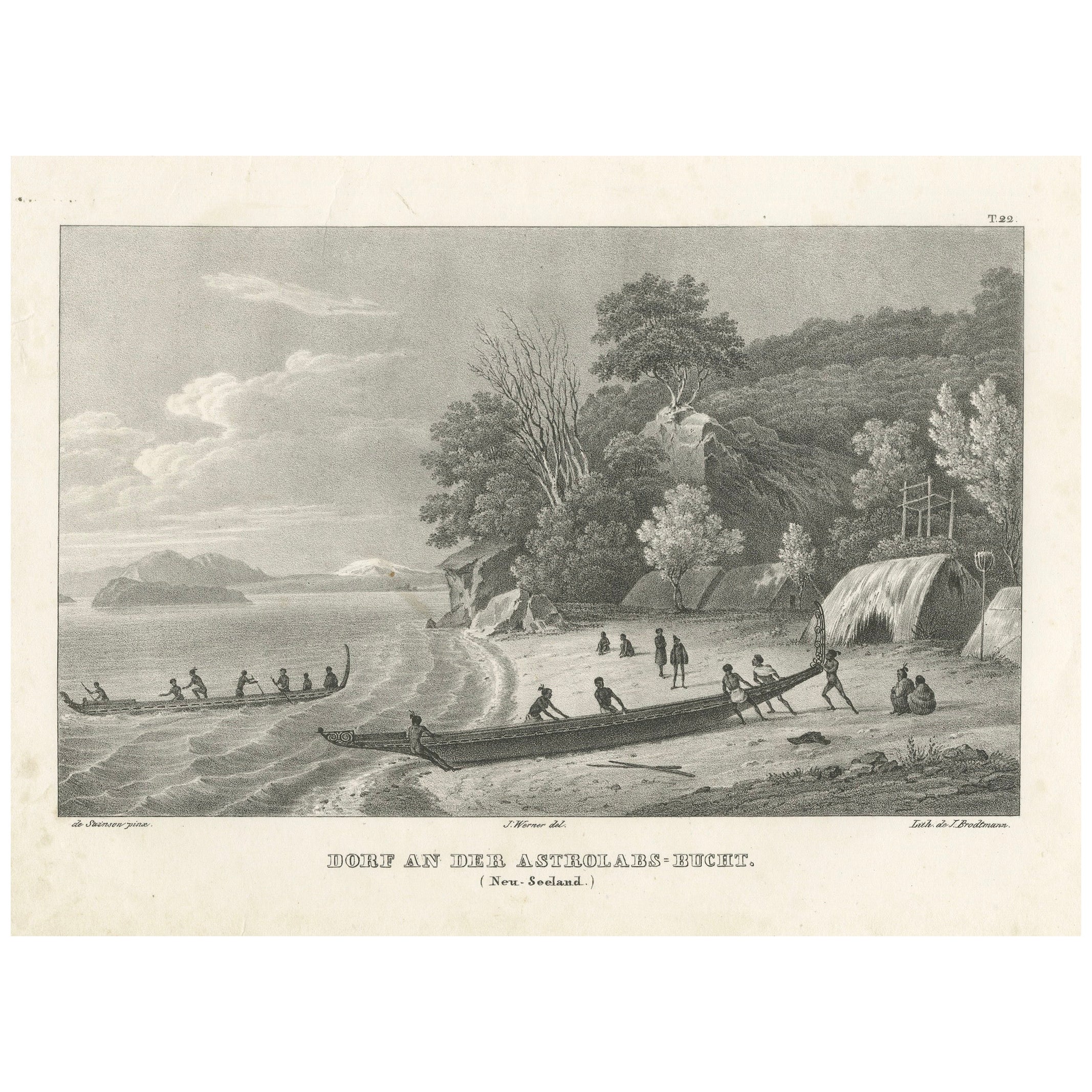 Gravure d'une scène de village Maori à la baie d'Astralabe, Nouvelle-Zélande, vers 1836