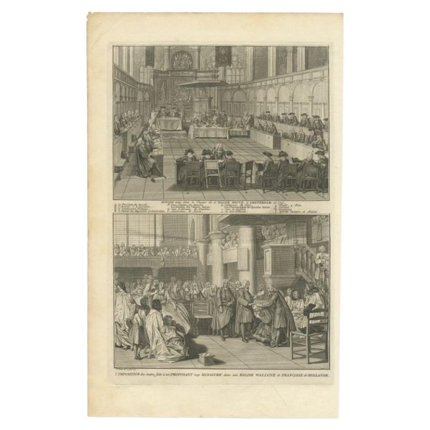 Antique print titled 'Synode tenu dans le Choeur (..)'. Old print of a meeting of the Dutch Synode in 'De Nieuwe Kerk' in Amsterdam, The Netherlands in 1730. Also depicted the acceptance of a new member of the French and Wallonian Church in The